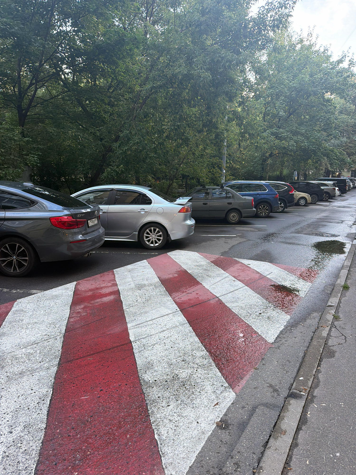 A row of parked cars lines a street in Khimki, Russia, bordered by lush trees on the left and a sidewalk on the right. In the foreground, a crosswalk with red and white stripes spans the asphalt. The road surface is wet, indicating recent rain. The cars are of various models and colors, including a silver sedan, a dark gray SUV, and a light-colored hatchback. The trees are dense and green, suggesting a summer or early autumn setting. The sky is overcast.
