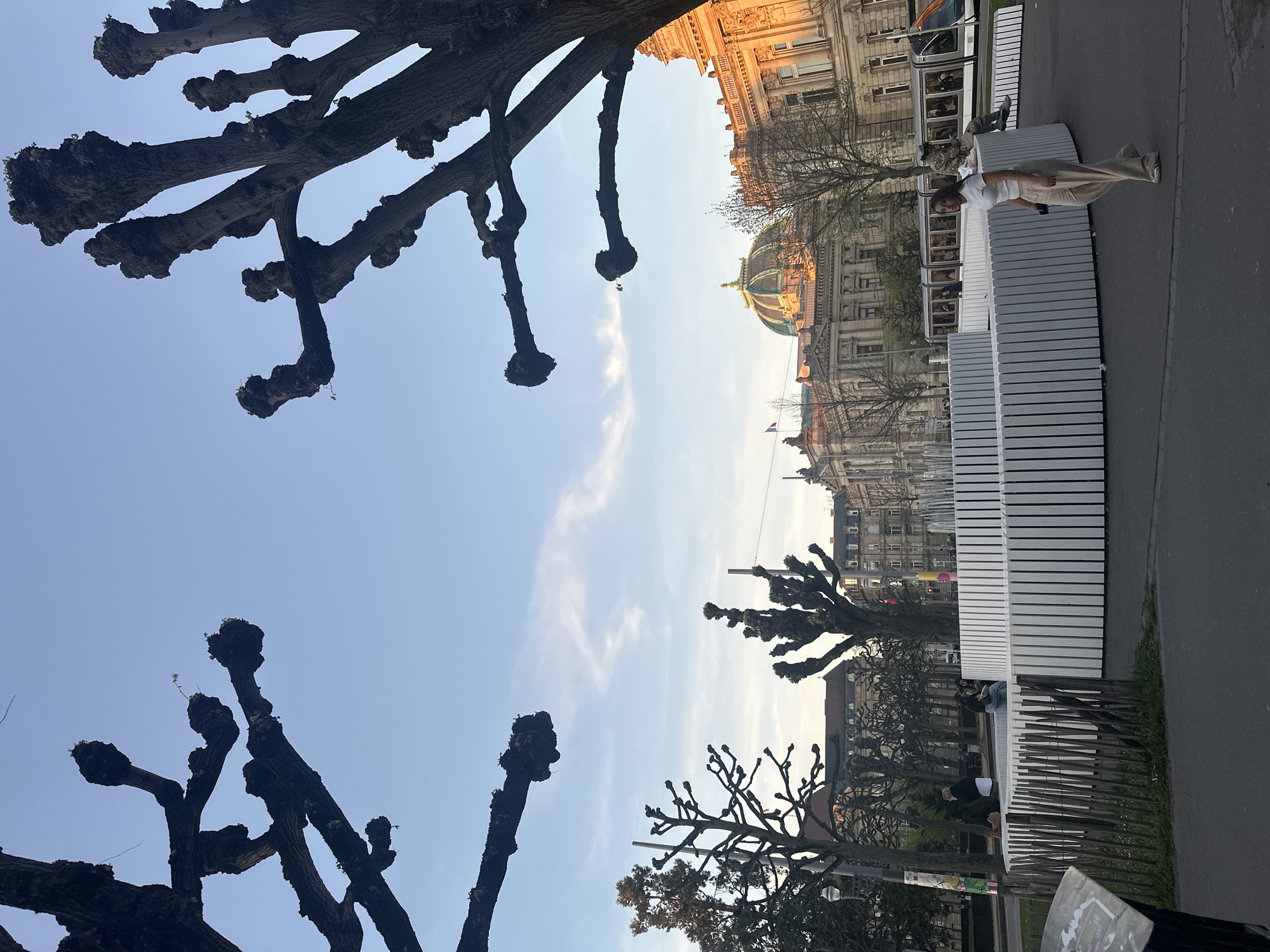 The image shows a street scene in Strasbourg, France. In the foreground are the bare branches of pollarded trees framing the sky. A long, modern white fence-like structure sits along the sidewalk. Behind the structure, people are seated, possibly on benches. A tram is visible in the background, along with ornate buildings, including one with a dome. A person stands on the sidewalk next to the fence-like structure. The sky is a clear blue with some light clouds.