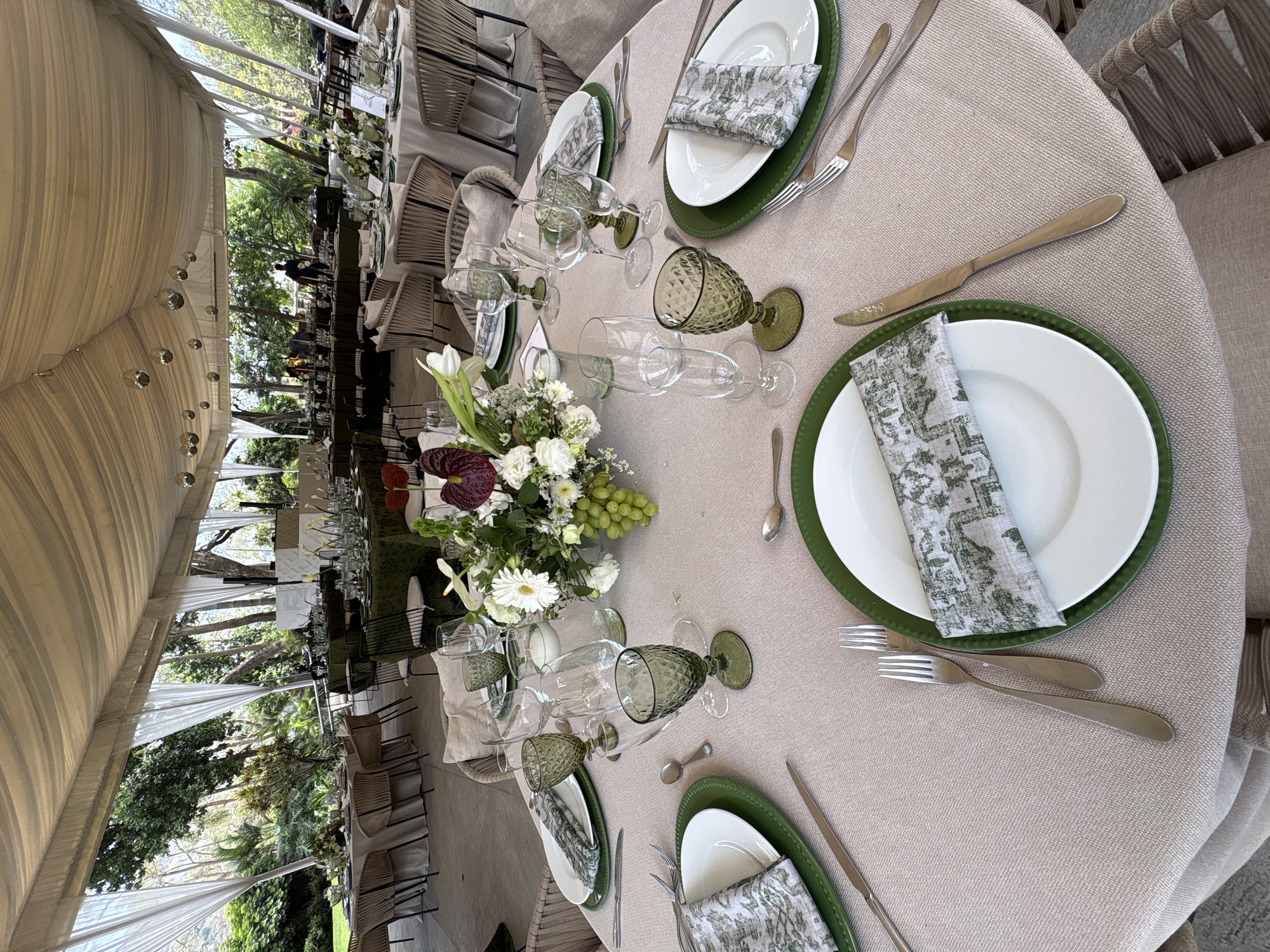The image depicts an outdoor dining setup, likely for a special event, possibly in Progreso, Mexico, although this is not explicitly confirmed by the visual elements alone. Several round tables are arranged under a tent-like structure. The tables are covered with beige tablecloths and are set with green-rimmed plates, white dishes, patterned napkins, green glassware, and silverware. A floral centerpiece consisting of white and purple flowers and green grapes adorns one of the tables. Seating is provided by woven chairs. The environment suggests a garden or park setting, with trees and plants visible in the background. No people are distinctly visible in the immediate foreground. The lighting suggests daylight.