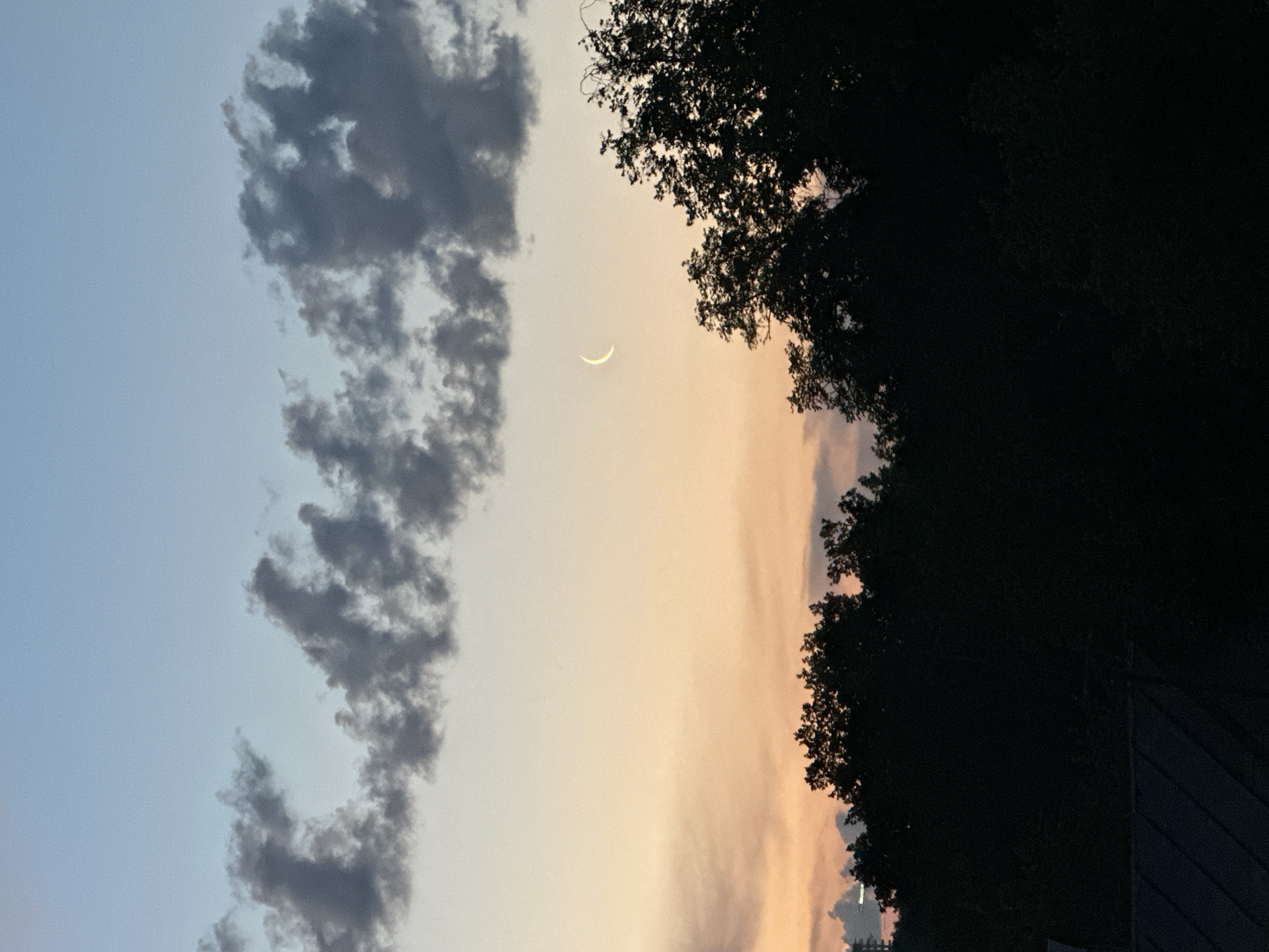 A crescent moon is visible in the pale orange and blue sky above a silhouetted line of trees. Dark, wispy clouds are scattered across the upper portion of the sky. The bottom of the image shows the dark outlines of trees and a portion of a dark, sloped roof. The scene appears to be a twilight sky over a natural landscape, possibly on the outskirts of a city like Nizhny Novgorod, Russia.