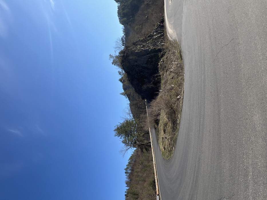 A clear blue sky with faint white contrails dominates the upper portion of the image. The scene captures a winding asphalt road forming a sharp left-hand turn, located near Stoianovo, Bulgaria, in a mountainous or hilly terrain. A secondary asphalt road branches off to the right from the main bend. A weathered, light-colored guardrail, showing signs of rust, lines the outer edge of the left road curve. A prominent dark rock outcrop, topped with evergreen pine trees and sparse bare deciduous trees, is situated to the right of the primary road bend. The surrounding hillsides are covered with a mix of leafless deciduous trees and evergreen conifers, suggesting a late winter or early spring season. The immediate roadside ground cover consists of dry brown grass and sparse shrubs. No individuals or vehicles are present.