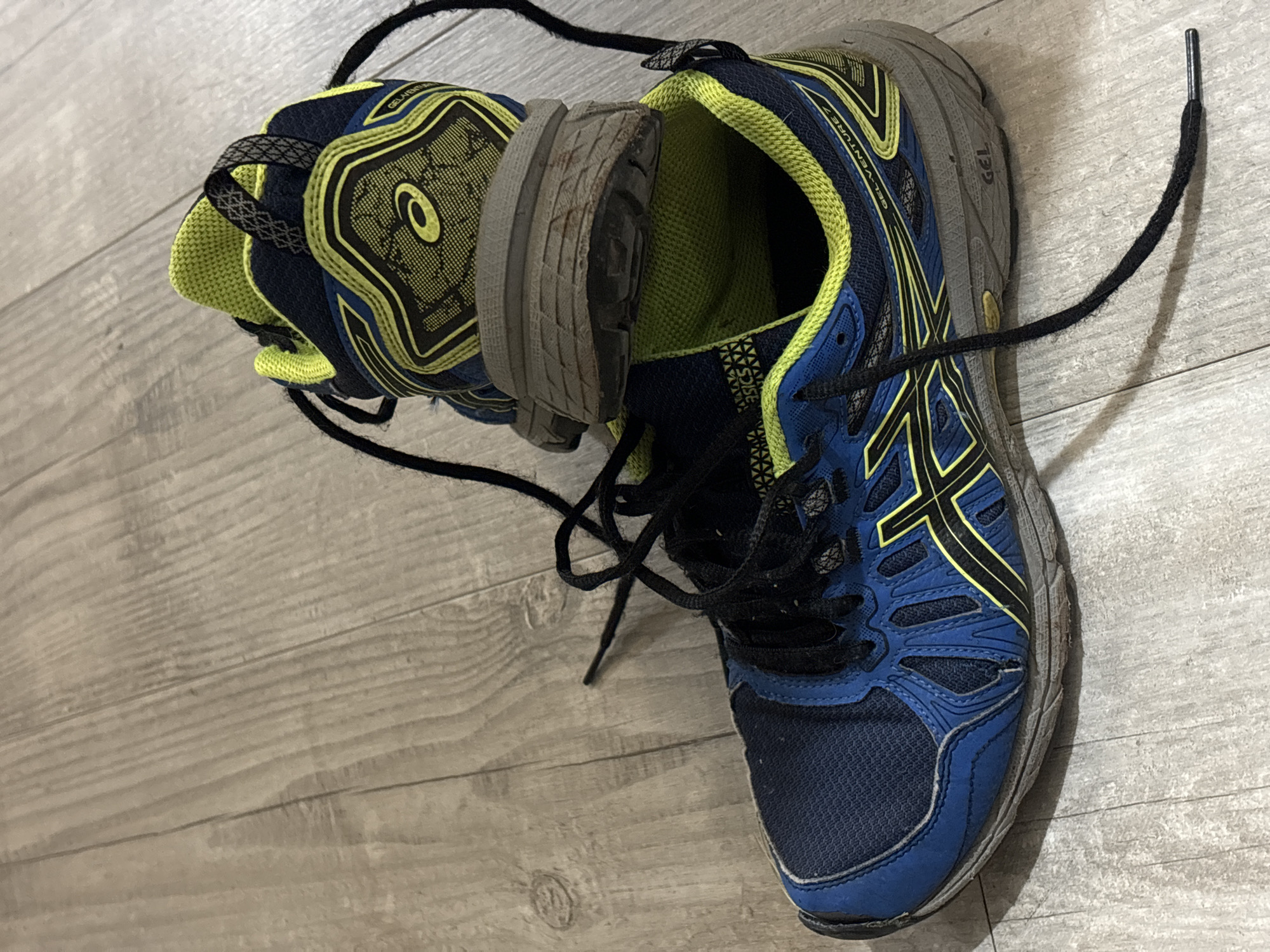 The image shows a pair of used blue and yellow Asics Gel-Venture 7 trail running shoes lying on a light-colored wooden floor. One shoe is placed on top of the other, with the laces of both shoes untied and draped across the floor. The shoes appear to be moderately worn, with some dirt and scuff marks visible on the soles and uppers. The background consists of a wooden floor with a visible grain pattern. There is no indication of any specific location within the city of Chaikovsky, Russia, nor are there any people or interactions depicted. The scene is static and focuses solely on the shoes and the floor.