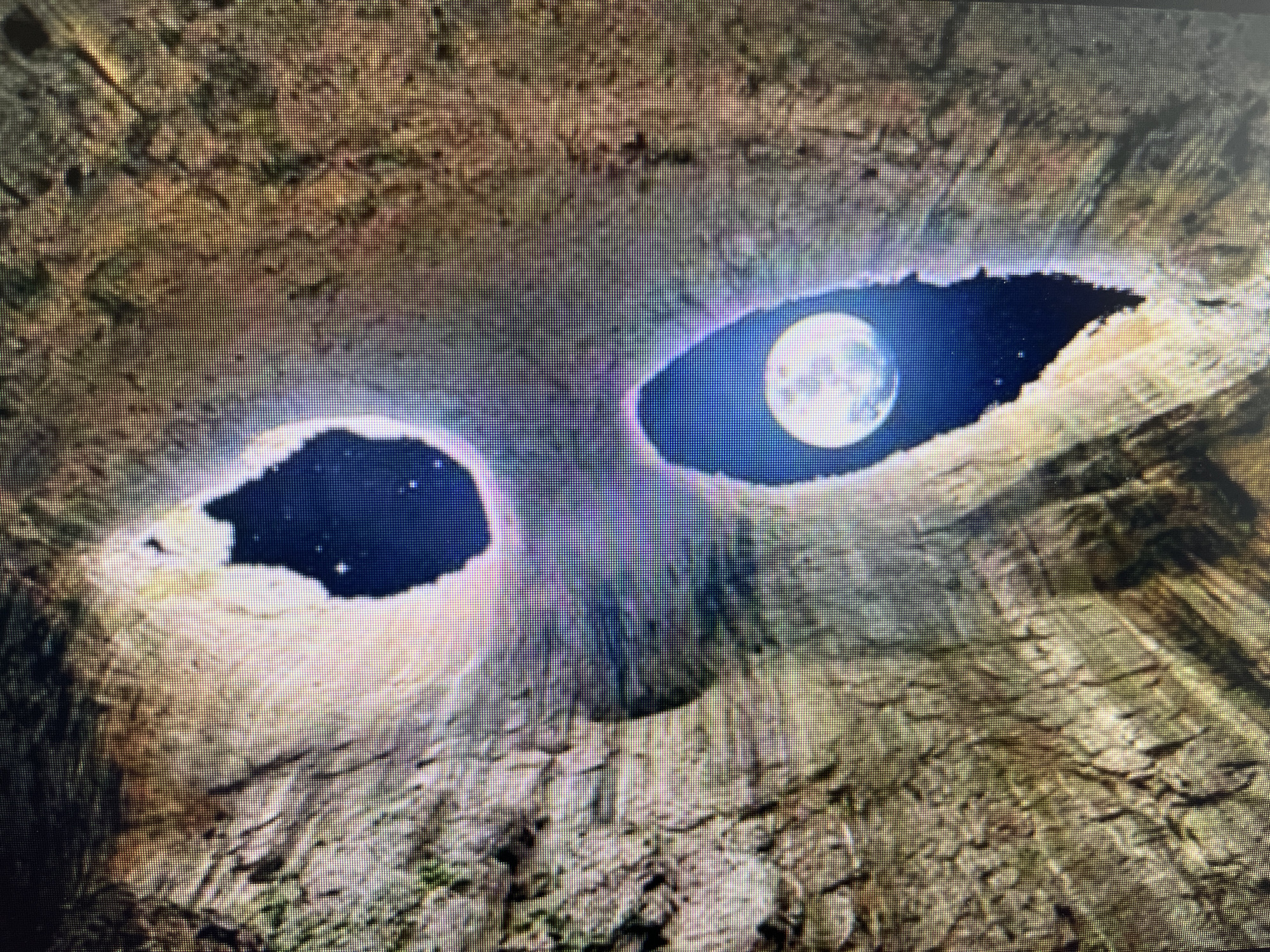 The image depicts two large holes resembling eyes in a tan and brown rock formation, suggesting a natural or carved structure. Through the holes, one can see a night sky with a prominent full moon in the right "eye" and faint stars in the left. The rock texture appears weathered and possibly moss-covered in some areas. The light source is from the moon, casting shadows within the openings. The image is evocative of a face, possibly representing a geological feature or artistic installation. The location in the city of Varna, Bulgaria is not discernible from the image itself, but is known from external context.
