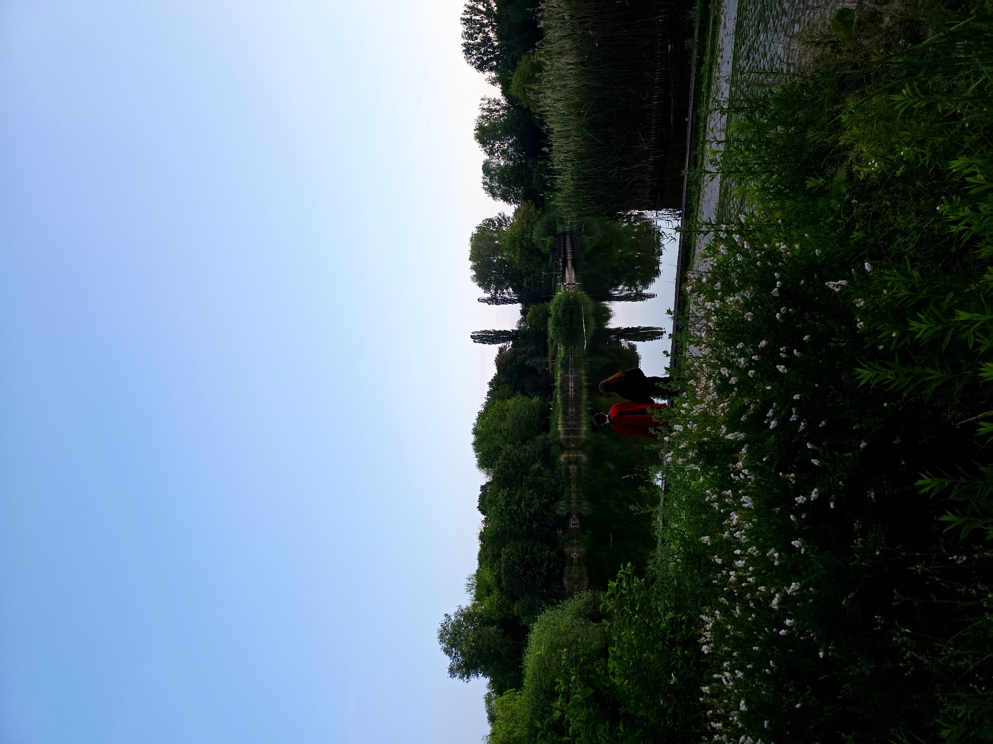 This is a landscape photograph taken at dusk in Warsaw, Poland, likely in Łazienki Park. The image features a tranquil lake reflecting the surrounding trees and a clear, pale blue sky. In the foreground, lush green foliage with small white flowers is prominent. A paved walkway runs alongside the lake. Two individuals, seen from behind, are standing on the walkway near the water's edge, facing the lake. One person wears a red garment, and the other wears dark clothing. The overall scene conveys a sense of peace and natural beauty in an urban setting.