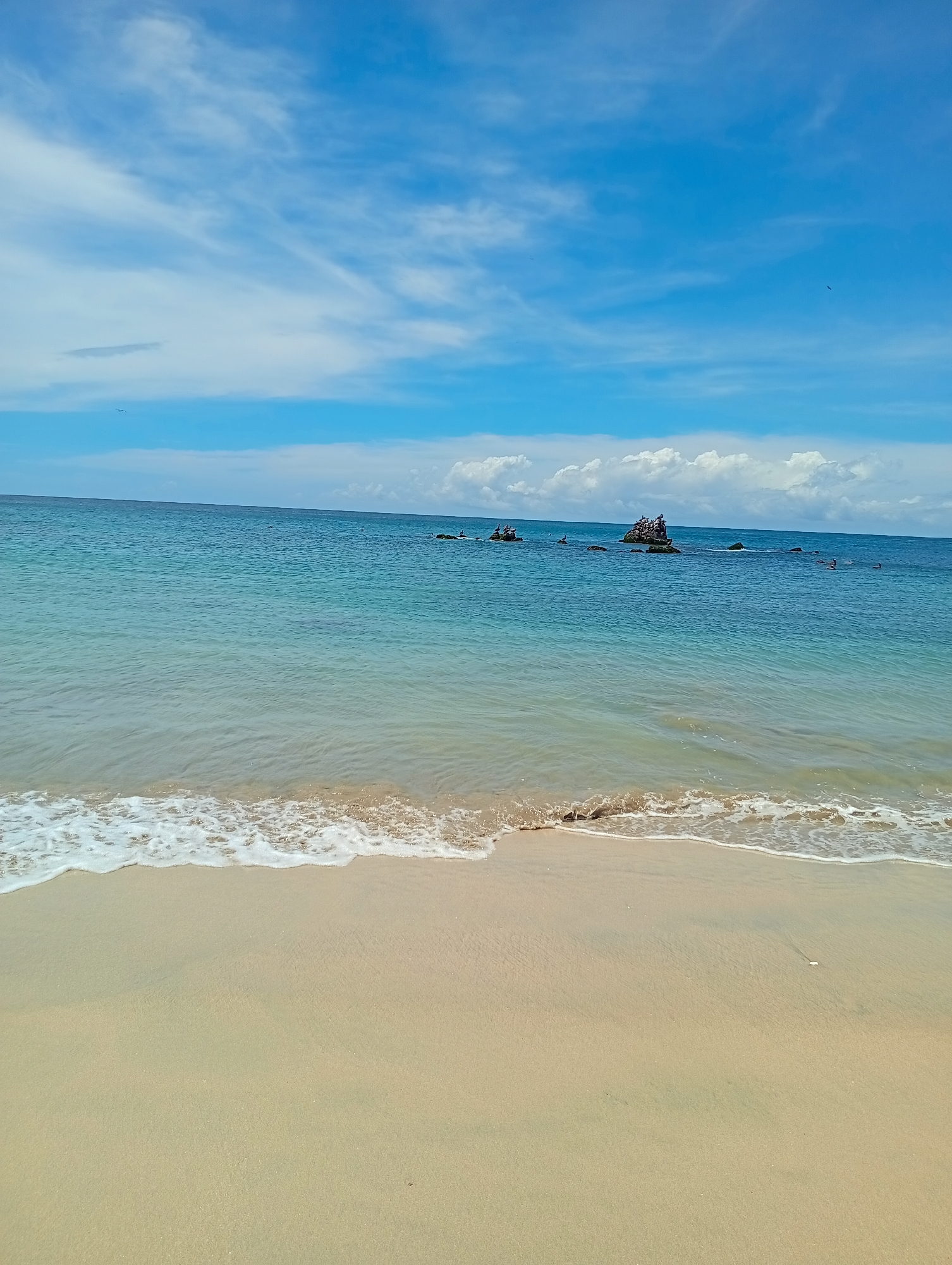 The image shows a beach in Pedro González, Venezuela. The scene includes a sandy beach in the foreground, light turquoise water with gentle waves meeting the shore, and a blue sky with scattered white clouds. In the middle distance, there are rock formations with birds perched on them, and several people are in the water. The light suggests it is daytime.