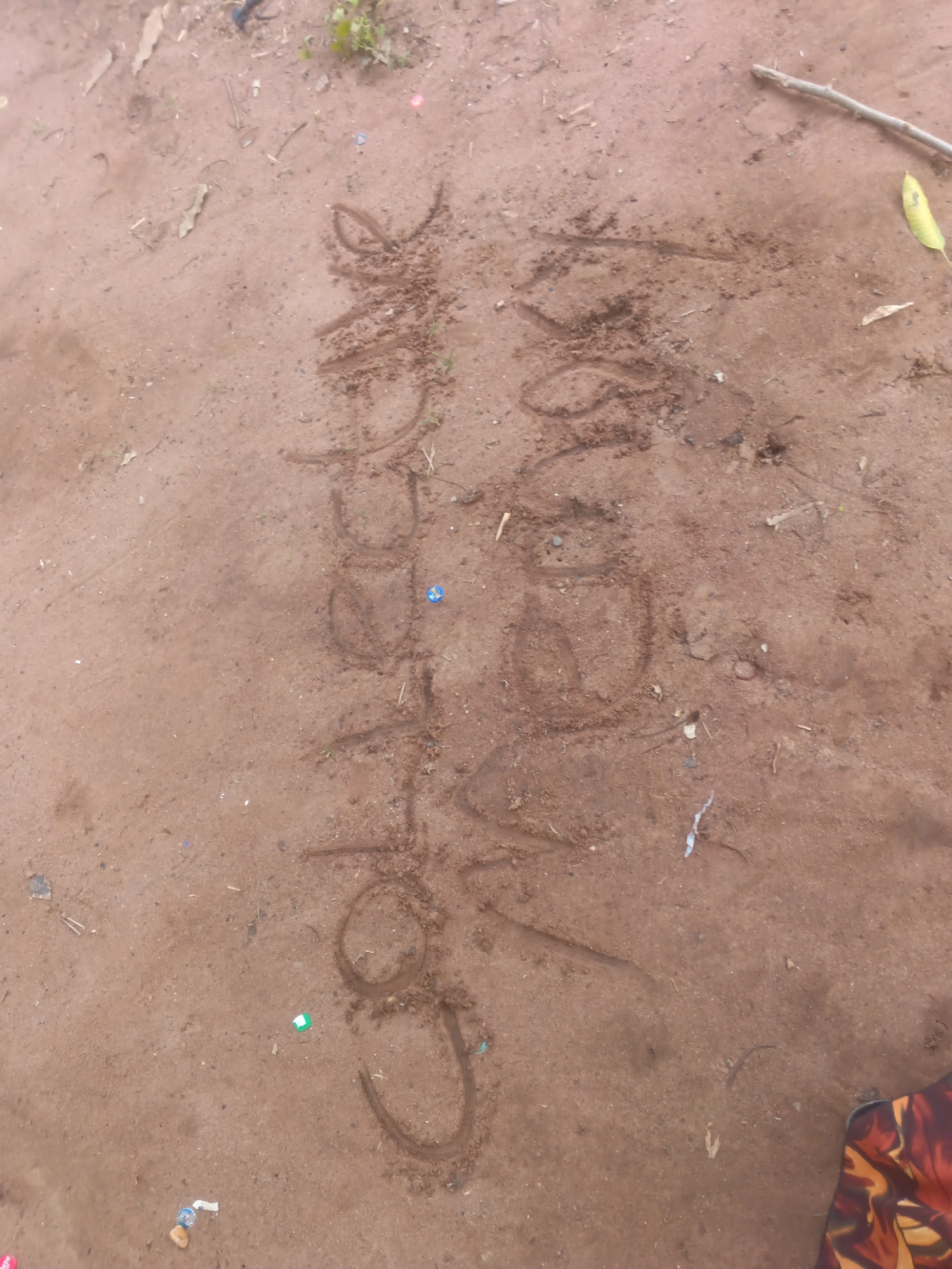 A close-up, overhead view captures a patch of reddish-brown, dry, sandy soil, characteristic of an outdoor ground surface in Eziudo, Nigeria. The dirt is sparsely covered with natural debris including small dried leaves, thin twigs, and tiny stones. Also visible are scattered pieces of litter such as a blue wrapper, a green fragment, and a white piece of plastic. Towards the upper right, a longer stick and a single yellow leaf are present, while some sparse green vegetation grows in the upper left. A section of patterned fabric, featuring orange, brown, and black swirling designs, is partially visible in the bottom right corner of the frame.
The central feature of the image is two words inscribed into the dirt. On the left side, written vertically from bottom to top, is the name "GOLOCHUKWU". To its right, also oriented vertically from bottom to top, is the word "LOVE". Both words are formed by shallow grooves and displaced soil, indicating they were drawn by hand or with a stick. The lighting suggests it is daytime. The scene portrays an informal, outdoor setting.
