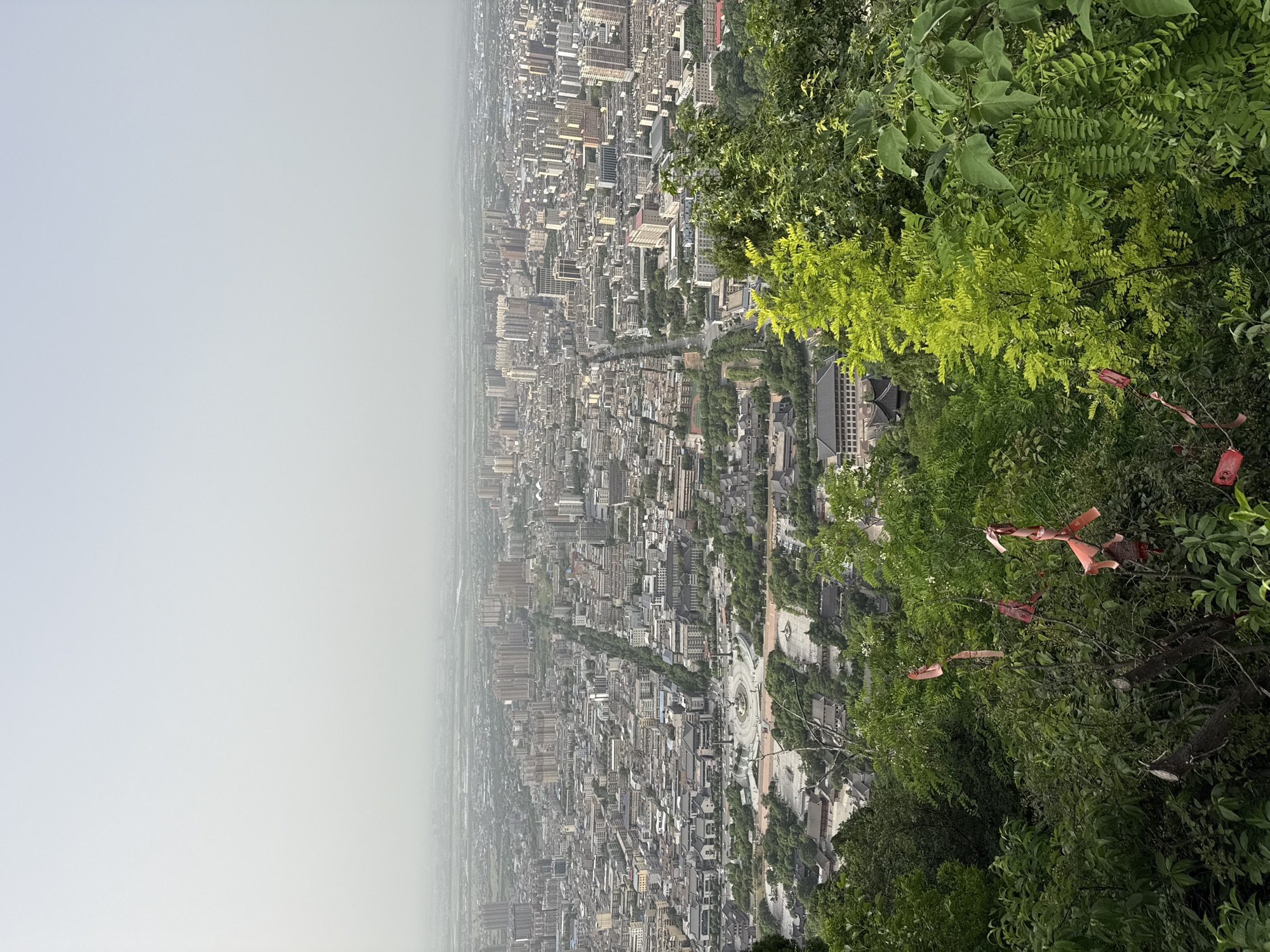 An elevated view, possibly from a mountain, shows Lintong District, China, heavily veiled in fog or smog. Buildings are densely packed, with a mix of residential and commercial structures. Prominent features include a large open plaza and temples, visible among the buildings. The foreground is dominated by lush green vegetation, including trees and bushes, with red ribbons tied to branches, suggesting a site with cultural or religious significance. The sky is overcast, contributing to the overall haziness.