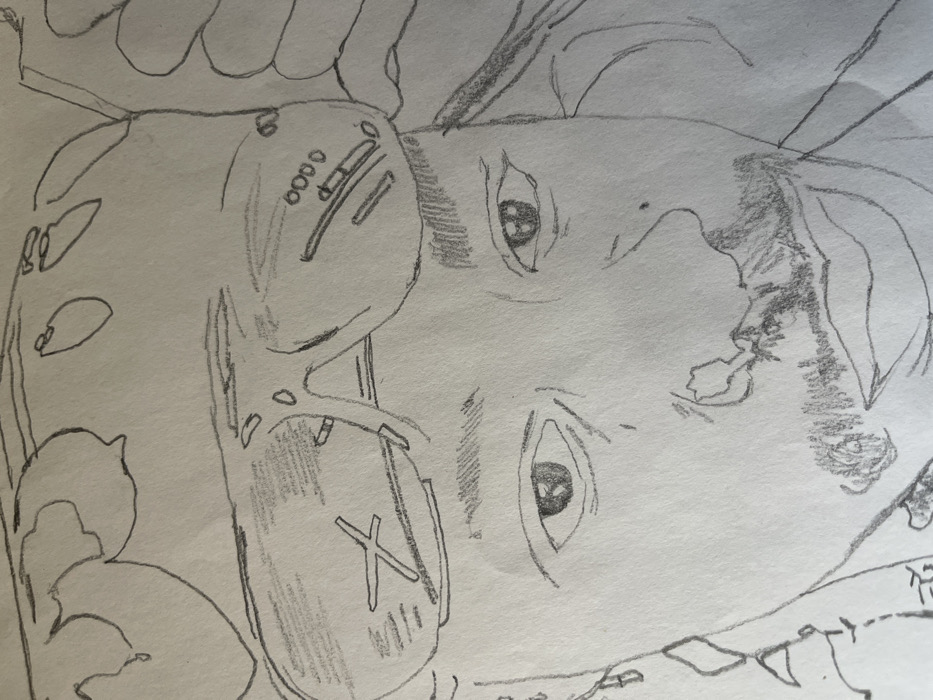 The image displays a pencil sketch on white paper, featuring a frontal close-up portrait of an individual's head. The subject wears a patterned head covering, possibly a bandana, with aviator-style sunglasses resting on top. The left sunglass lens shows a distinct 'X' marking, while the right lens reflects several small circles and lines. The eyes are open, looking directly forward, with lightly sketched eyebrows. A prominent nose, a goatee, and a subtly smiling mouth are depicted. The sketch utilizes primary outline strokes with minimal cross-hatching for texture on facial hair and eyebrows. The background is a plain white surface. This description is provided in the context of the city of Jos, Nigeria.