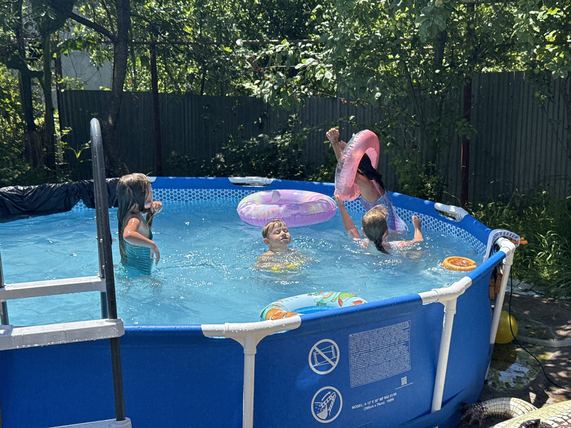 In a sunny backyard setting, likely in Sochi, Russia, four children are enjoying a day in an above-ground swimming pool. The pool is blue with a white ladder on the left side. In the water, a girl in a turquoise swimsuit with her back to the camera is holding a pink inflatable ring. Another girl, further in the pool, is also playing with a pink inflatable ring. A young boy is in the middle of the pool, looking upwards with his eyes closed, and a yellow object is visible near him. A fourth child is partially submerged in the water on the right side. The pool is surrounded by green trees and a grey fence. The overall scene depicts a lively and cheerful summer activity.