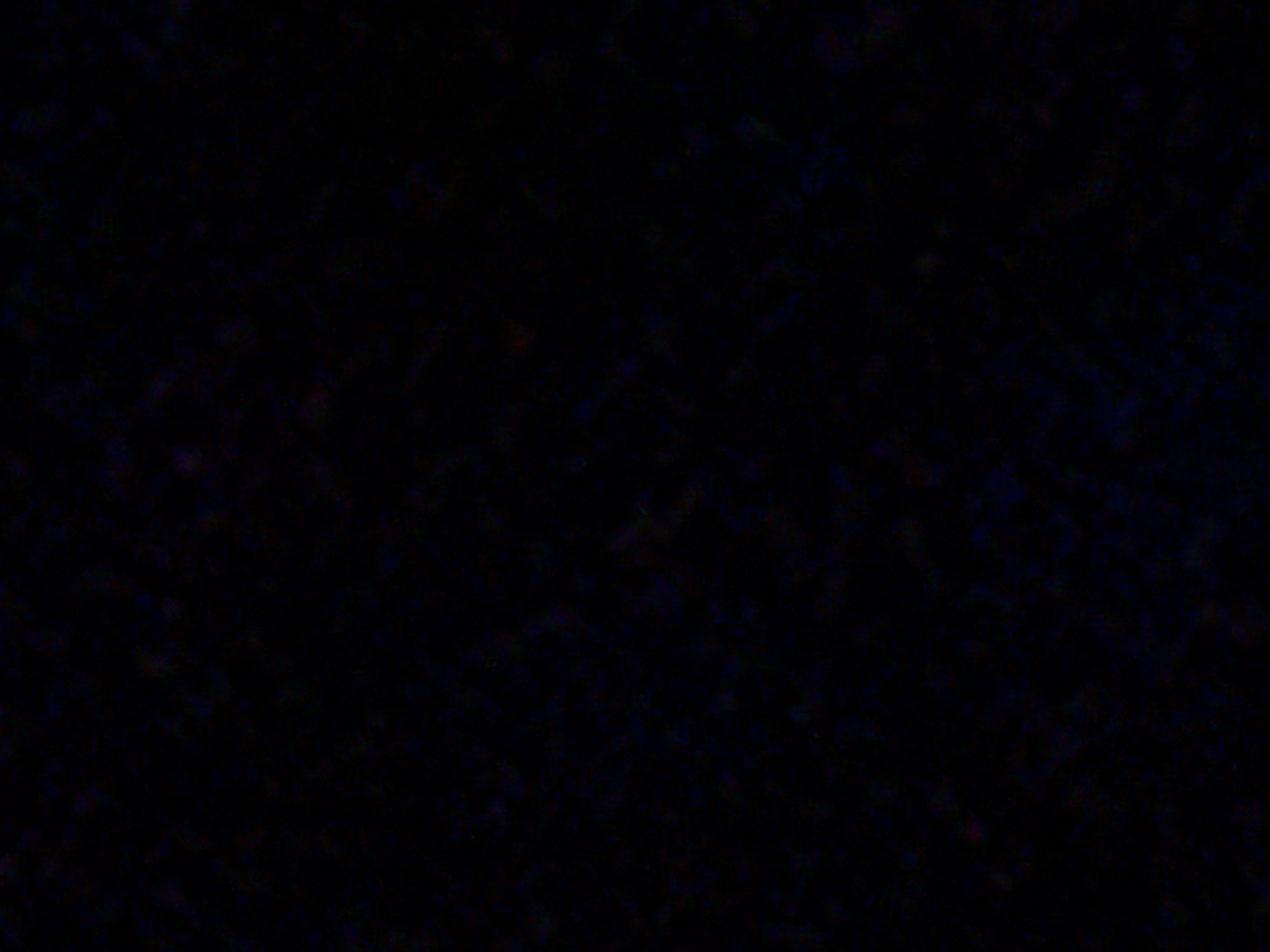 The image is extremely dark and appears to be a very low-light or nighttime photograph with a predominantly black background. There are faint, diffuse specks of color, possibly red and blue, scattered throughout, suggesting distant lights or perhaps noise in the image itself. No discernible objects, people, or environmental features are visible. The scene is entirely abstract due to the darkness.