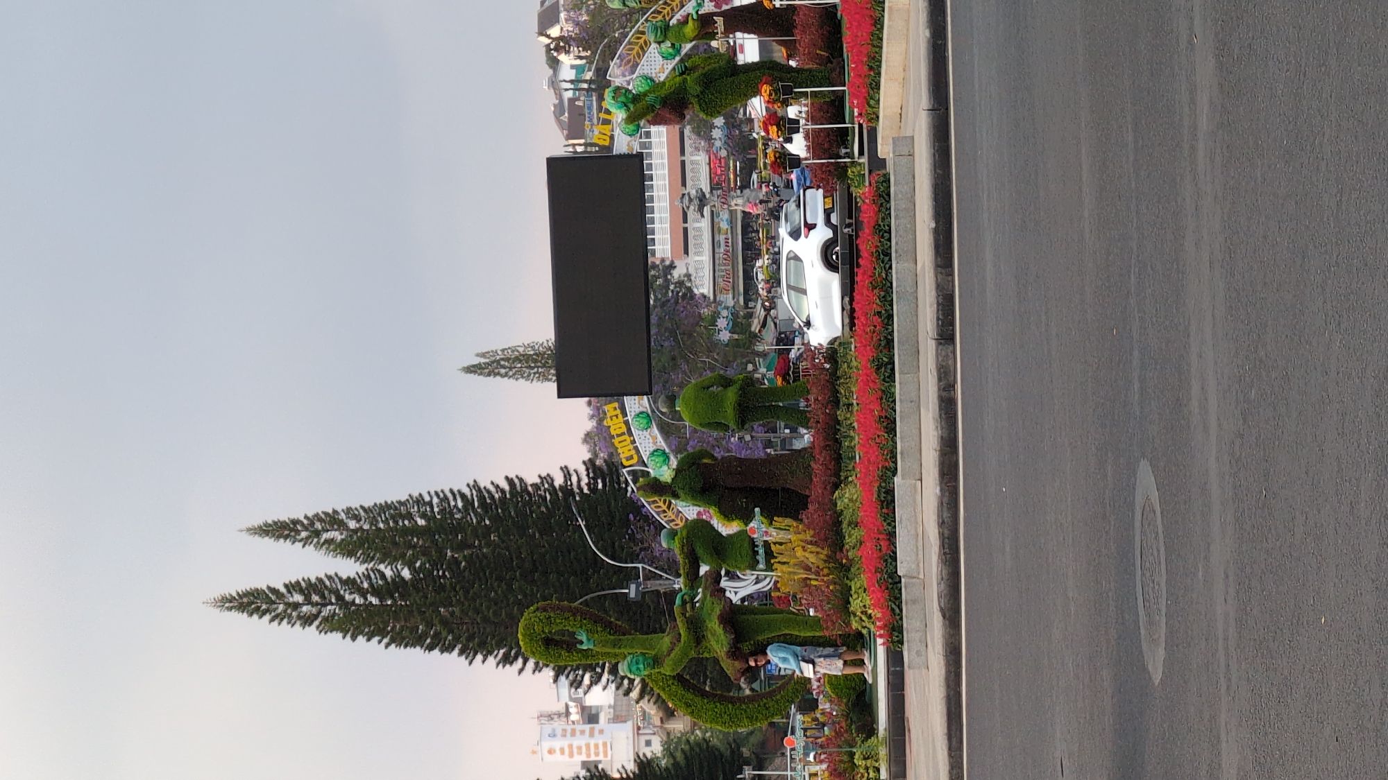 The image shows a street scene in Da Lat, Vietnam. Along the sidewalk are various topiary sculptures arranged as a musical group. These topiary figures are located in a flowerbed with blooming red flowers. Behind these sculptures is a large LED billboard, and behind that, a city street scene with a white car parked near a building. Overhead is a partly cloudy sky. A portion of a road is visible in the foreground.
