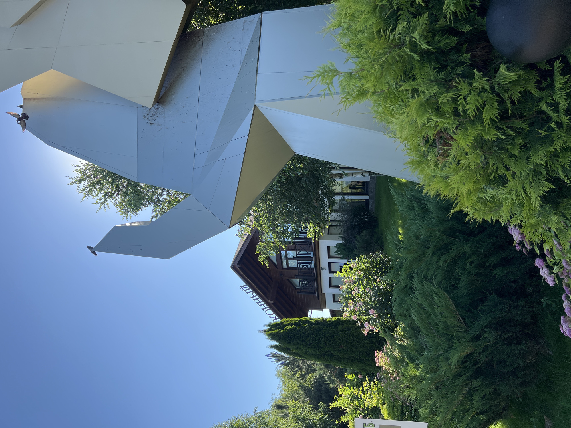In the city of Plast univska, Russia, on a clear day with a bright blue sky, a large, abstract metal sculpture is prominently featured in the foreground. The sculpture has sharp angles and a metallic, reflective surface. Several pigeons are perched on top of the sculpture. Behind the sculpture, a charming wooden building with a dark-pitched roof is visible, adorned with the Cyrillic lettering "КОННЫЙ" above its entrance. The building appears to be a house or perhaps a business. The surrounding area is lush and green, with well-maintained bushes and trees. Some pink flowers are blooming in the garden. The lighting suggests it is daytime, with the sun casting shadows and creating highlights on the metallic sculpture.