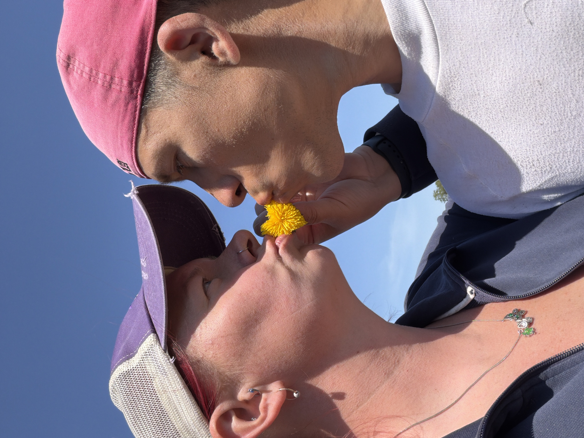 Two people wearing baseball caps are sharing a dandelion. One person is wearing a pink baseball cap, a white sweatshirt, and a black watch. The other person is wearing a purple baseball cap, a silver necklace, and a navy-blue jacket. They are outside on a sunny day with a clear blue sky. The location is not discernible from the image.