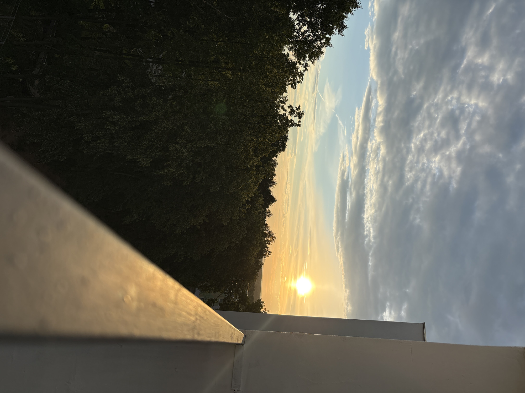 The image captures a serene sunset scene from a balcony in Chaikovsky, Russia. The sun, a brilliant orb of light, is low on the horizon, casting a warm golden glow across the sky. Wispy clouds, tinged with orange and yellow, are scattered across a pale blue expanse. Below the sky, a dense line of lush green trees forms a natural border, their foliage dark and rich in the fading light. The foreground is dominated by a white structure, possibly a building, with a clean, sharp edge that runs diagonally across the frame, catching the sunset's light and reflecting a soft golden hue. A railing, also bathed in golden light, runs along the bottom right of the image, adding depth and perspective to the view. The overall atmosphere is one of peaceful twilight.