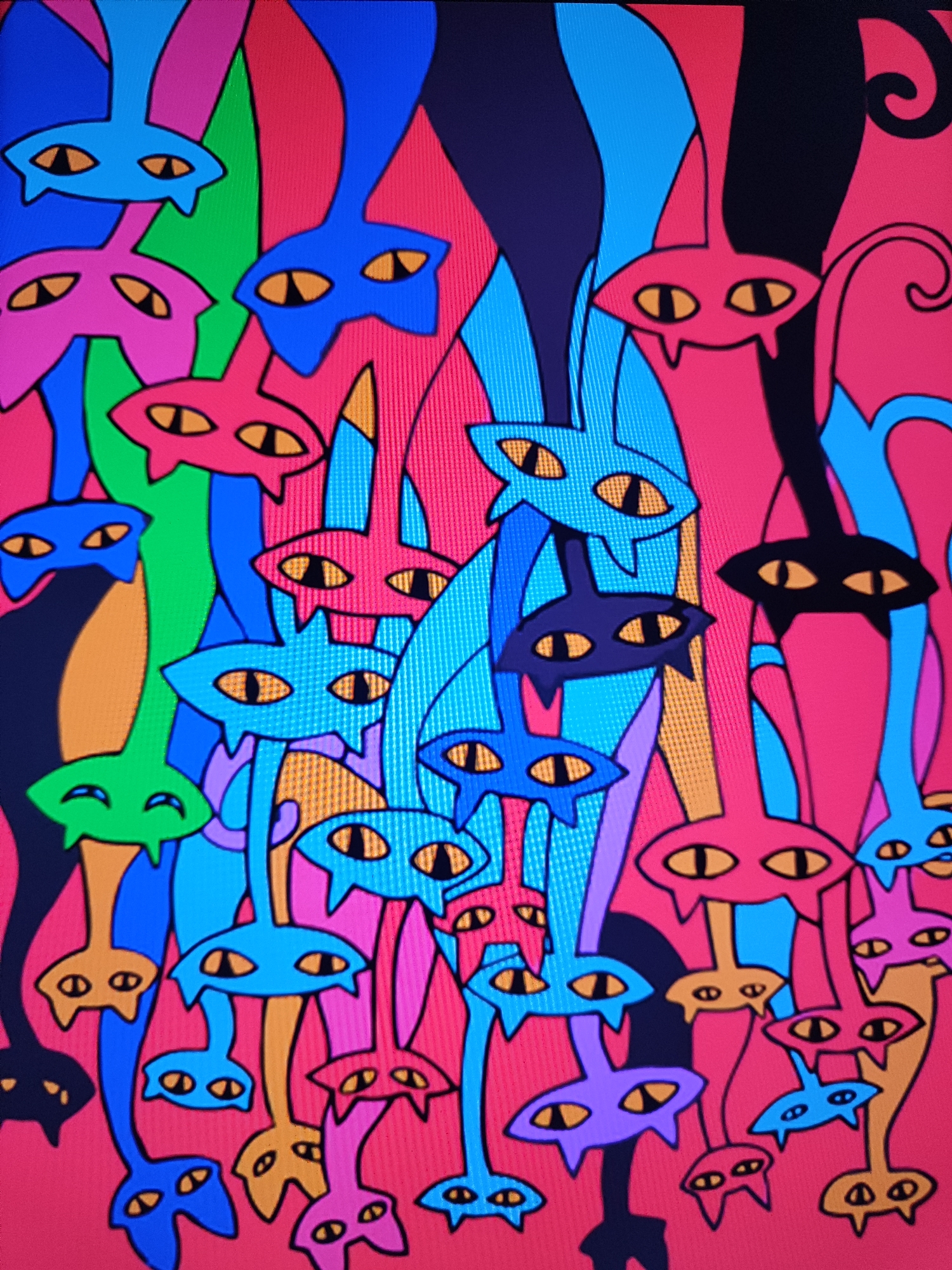 The image is a colorful, abstract illustration of many stylized cat faces. The cats have almond-shaped, yellow eyes with black pupils and pointed ears. They are depicted in various vibrant colors, including pink, blue, green, purple, and orange, against a solid red background. The overall style is whimsical and somewhat psychedelic, with flowing lines and overlapping shapes.
The image has no discernible connection to Fergana City, Uzbekistan. It is a purely artistic rendering and does not depict any real-world location or scene.