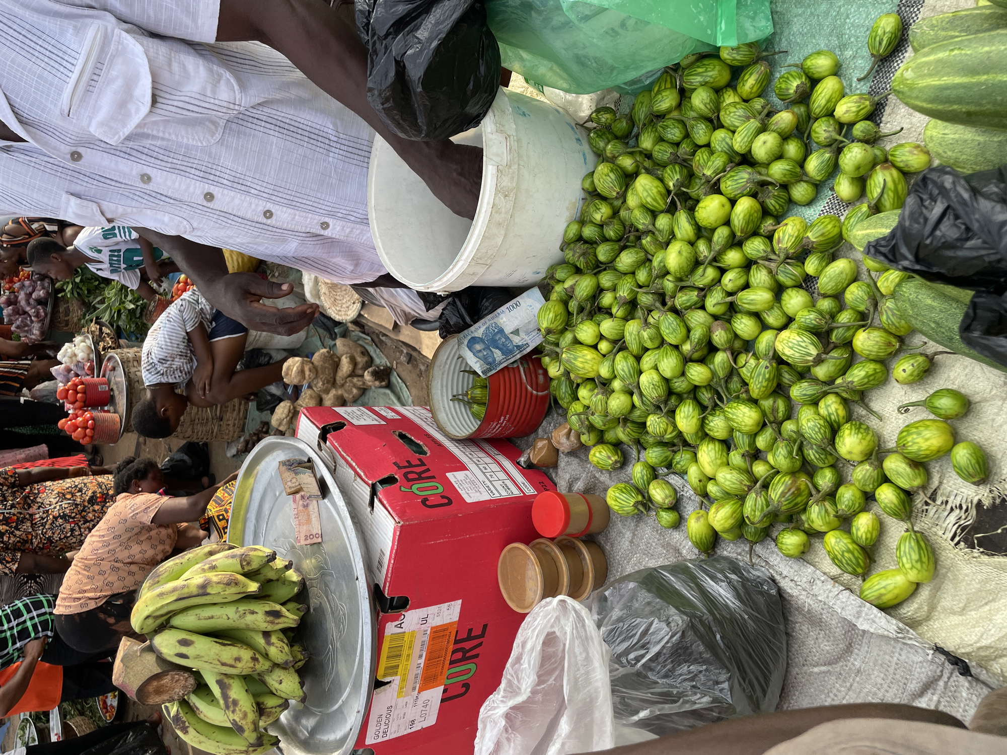 The image depicts a bustling marketplace scene, likely in Nkpor, Nigeria, due to the presence of Nigerian currency. A vendor is partially visible, wearing a white shirt and dark arm. A variety of produce is on display, including a large pile of striped green eggplants, green plantains stacked on a metal tray, and possibly onions and tomatoes in the background. Other items visible include a red box with "CORE" printed on it, a white bucket, plastic bags, and small containers. People can be seen in the background, engaged in buying and selling activities. A 1000 Naira bill is visible near the eggplants. The setting appears to be an outdoor market with items laid out on a patterned mat.