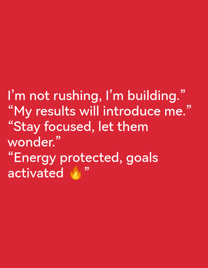 The image is a red background with white text. The text reads: "I'm not rushing, I'm building." "My results will introduce me." "Stay focused, let them wonder." "Energy protected, goals activated 🔥" There is no information in the image that relates to Ikorodu, Nigeria.
