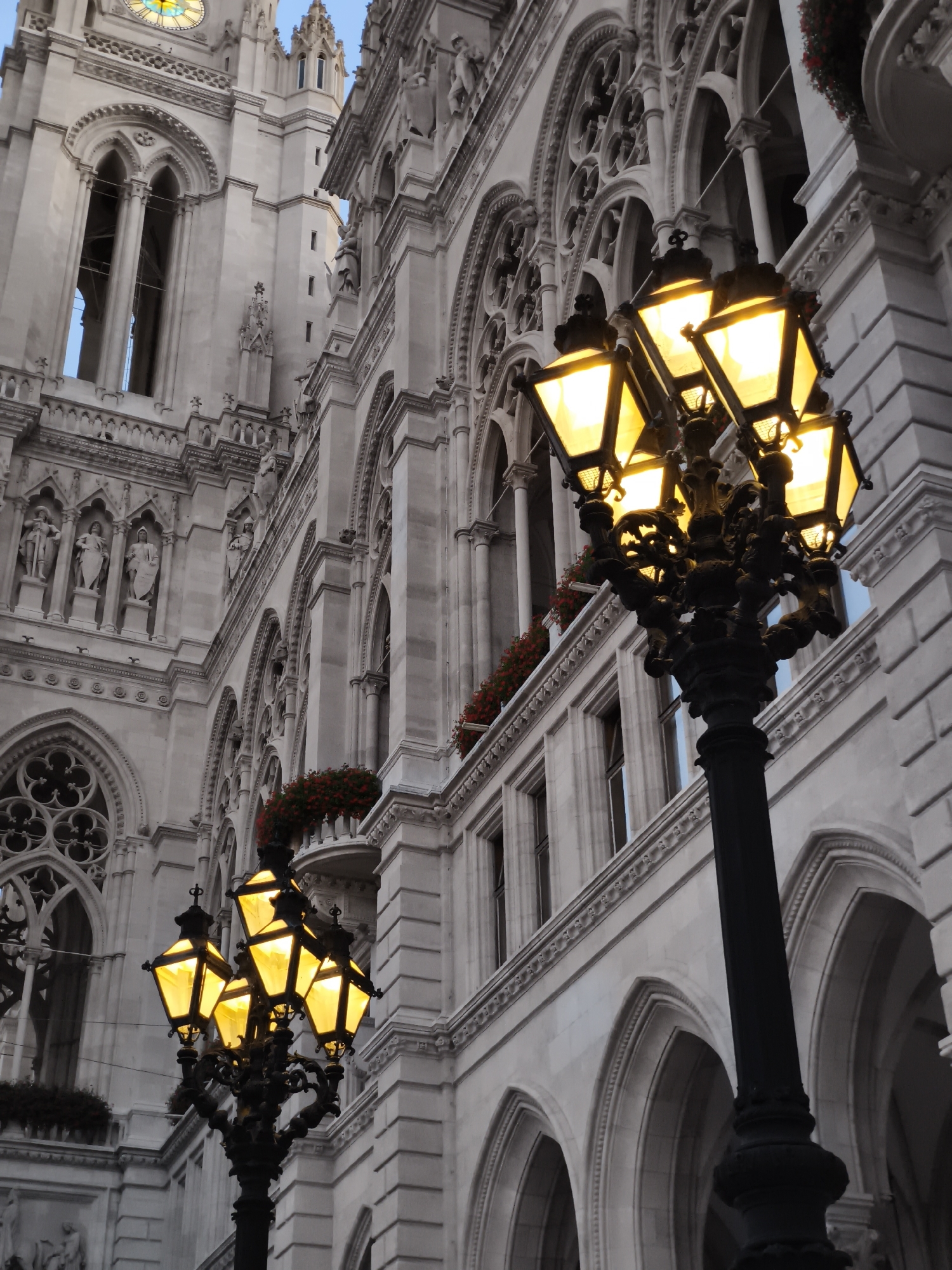 This is a low-angle, eye-level shot of the Vienna City Hall (Rathaus) in Vienna, Austria, at dusk. The ornate Gothic architecture of the building is illuminated by four yellow street lamps on a black lamppost in the foreground. The building features intricate stonework, including arched windows and decorative sculptures. Red flowers are visible in window boxes on a balcony. The sky is a pale blue.