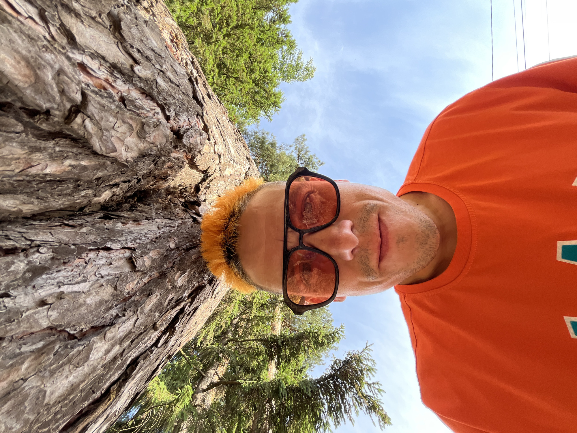 This is a close-up, upside-down selfie taken outdoors. The primary subject is a person with bright orange hair, wearing orange-tinted sunglasses and an orange t-shirt. The person's face is angled towards the camera, and they are partially obscured by a large tree trunk on the left side of the frame. The tree bark is rough and textured, with shades of gray and brown.
In the background, lush green evergreen trees are visible against a bright blue sky with a few wispy clouds. The sunlight suggests it is daytime, likely a clear day. The presence of evergreen trees and the sky indicate a natural, outdoor setting, possibly a forest or park. The angle of the shot and the perspective of the person and the tree suggest the person is either lying down or leaning against the tree, looking up towards the sky.
There is no visible text in the image. The overall mood appears casual and relaxed, given the selfie format and outdoor setting. The prominent orange colors of the person's hair, sunglasses, and shirt create a vibrant contrast with the natural greens and blues of the environment.