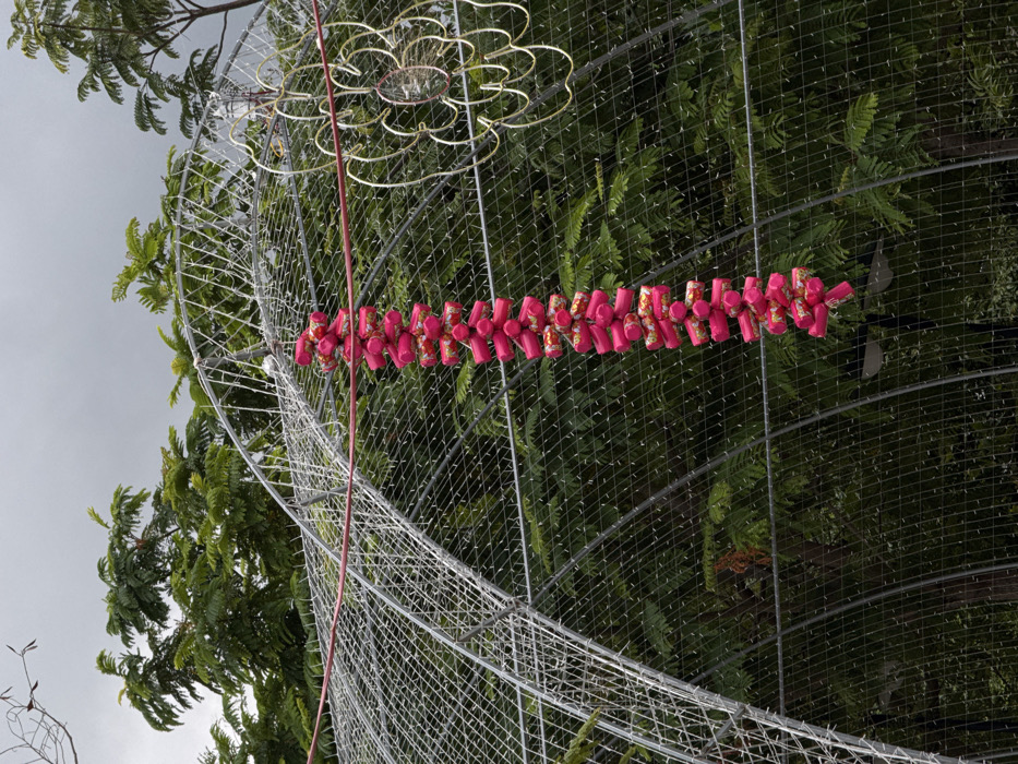 This image depicts an outdoor decorative display in Nha Trang, Vietnam. A prominent vertical string of artificial firecrackers, approximately one meter in length, is centrally suspended from a horizontal red wire. The individual firecrackers are primarily bright magenta, with some interspersed units featuring a red background with a gold and white floral or patterned design. Behind this central decoration, a large arched structure crafted from metallic framework is visible, entirely covered with a dense network of small, unlit white string lights. To the right of the firecrackers, a large, ornate, gold-colored metallic decoration, shaped like a stylized flower or star, is also suspended. Dense green foliage from various trees forms the background, visible through and behind the illuminated archway. The sky overhead is uniformly overcast and grey. No individuals are present in the scene.