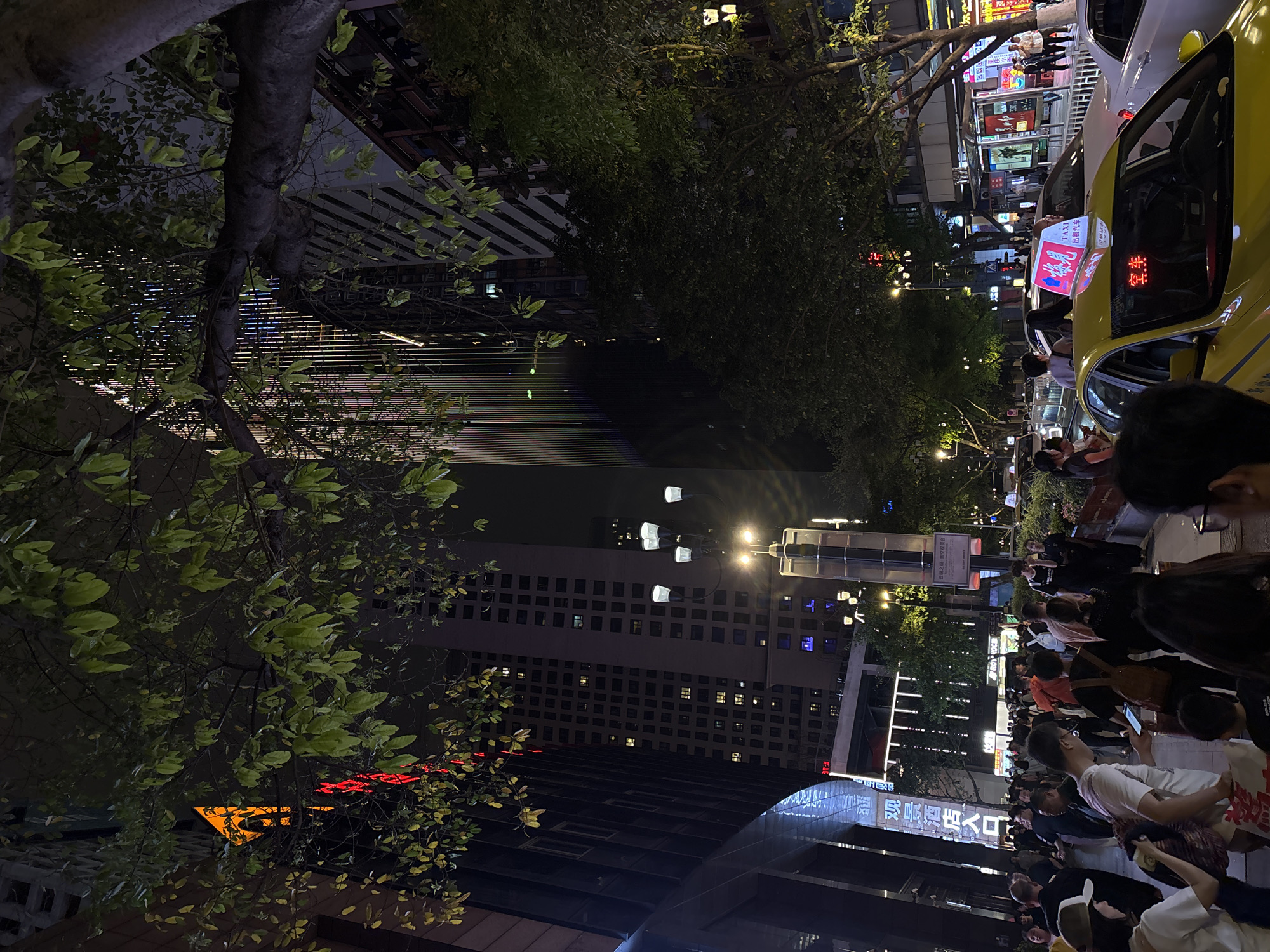 The image depicts a bustling urban scene at night, likely in the Yuzhong District of China, judging by the visible Chinese characters and architecture. The foreground features a tree with dense foliage partially obscuring the view. Several high-rise buildings are visible in the background, one with a distinctive grid-like pattern of lit windows. Streetlights illuminate the area, creating a warm glow. A crowd of people gathers on the sidewalk, some looking at their phones. Yellow taxis line the street, with one displaying "空车" (Empty Car) on its roof sign. Signage indicates a "观景酒店入口" (Observation Hotel Entrance) and advertisements for "云端之眼,高空双银台" (Eye in the Sky, High-Altitude Double Silver Platform).