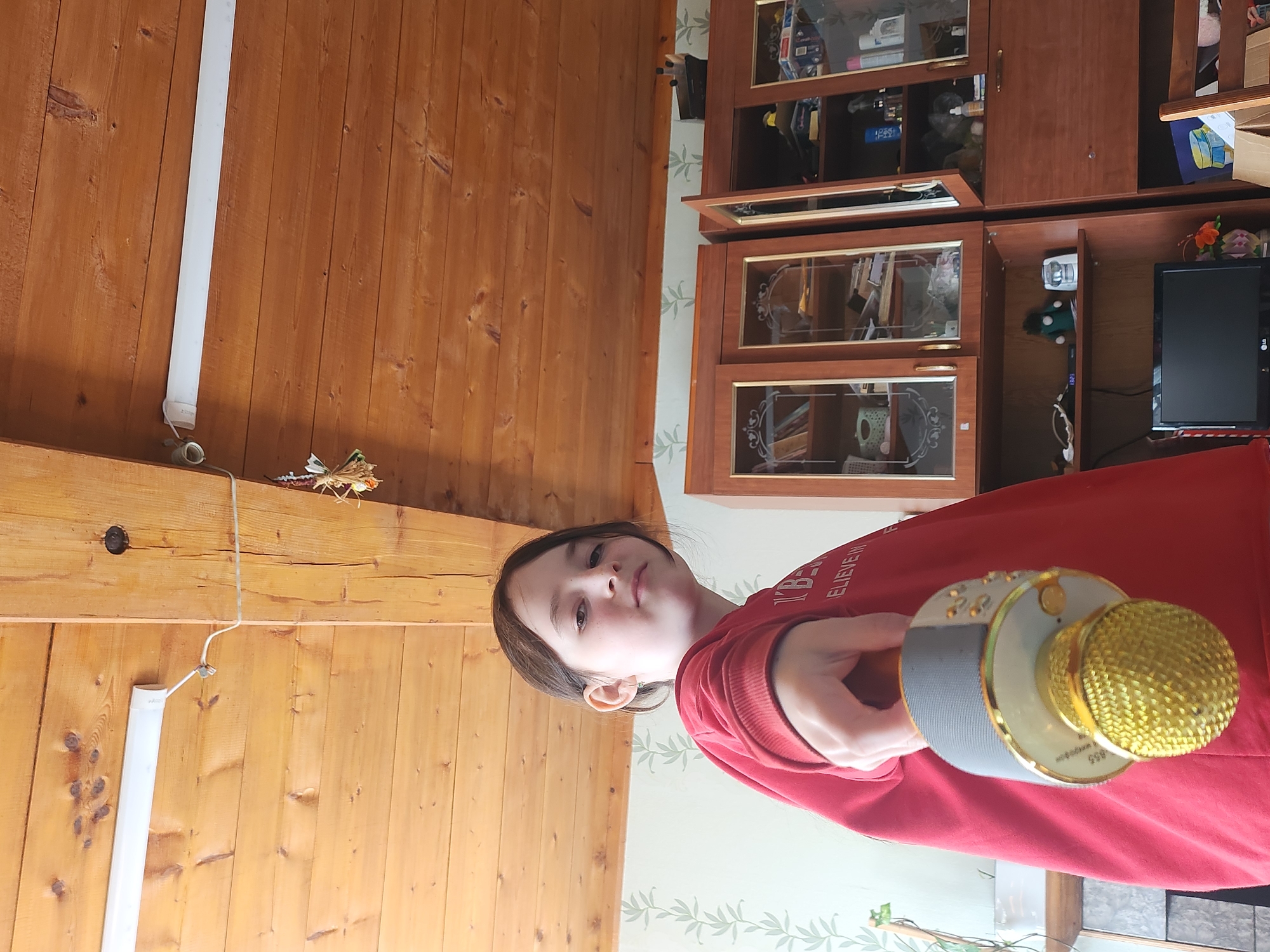 A girl in a red sweatshirt is holding a karaoke microphone. The scene appears to be indoors, with wooden walls and a cabinet in the background. The location is Архангельское, Russia.