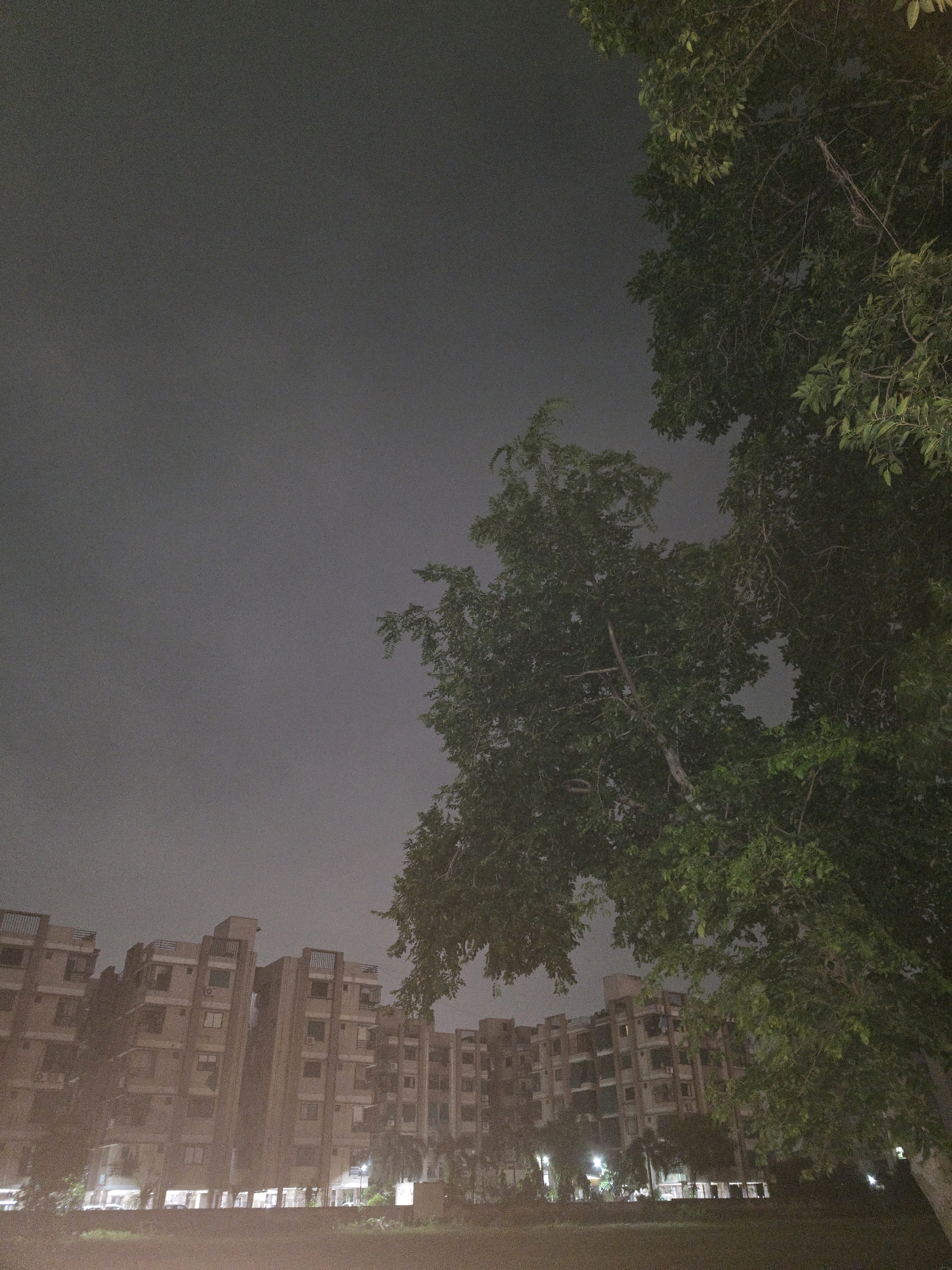 This is a nighttime, low-light photograph of apartment buildings and trees in Hanspura, India. The sky is a dark, overcast gray. On the left side of the image, several multi-story apartment buildings are visible. They appear to be made of light-colored concrete or stone and have balconies on each floor. Some windows have lights on, indicating occupancy. In the foreground and right side of the image, a large tree with dense green foliage dominates the scene, its branches and leaves obscuring a portion of the sky and buildings. The lighting is dim, suggesting it is after sunset, with artificial lights from the buildings casting a faint glow on the surroundings. The ground in the foreground appears to be a grassy or dirt area. There are no people clearly visible in the frame.