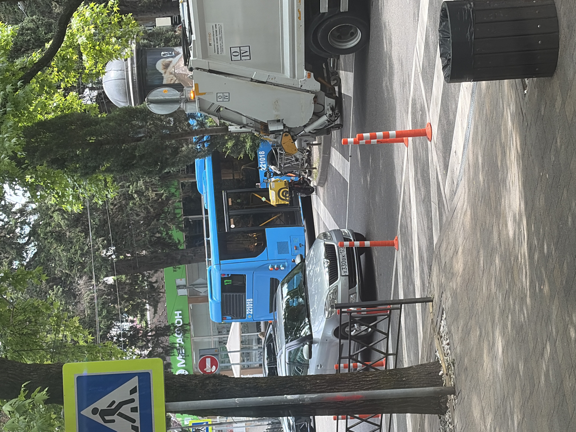 The image depicts a street scene in Sochi, Russia, with a blue bus and a garbage truck on the road. A silver Skoda Fabia is parked on the left side of the road, facing forward. A pedestrian crossing is visible in the foreground, with orange traffic cones marking its edges. To the left of the pedestrian crossing, a traffic sign for a pedestrian crossing is prominently displayed. In the background, trees line the street, and a building with a green facade and signage is visible. The sky is overcast, suggesting a cloudy day. The bus has the number "17" and "221018" on its rear. The garbage truck has markings that appear to be "O IV". The license plate on the Skoda Fabia reads "X330BK 123". A yellow scooter with a food delivery box is parked behind the bus. A dog can be seen on top of a dome structure behind the bus.