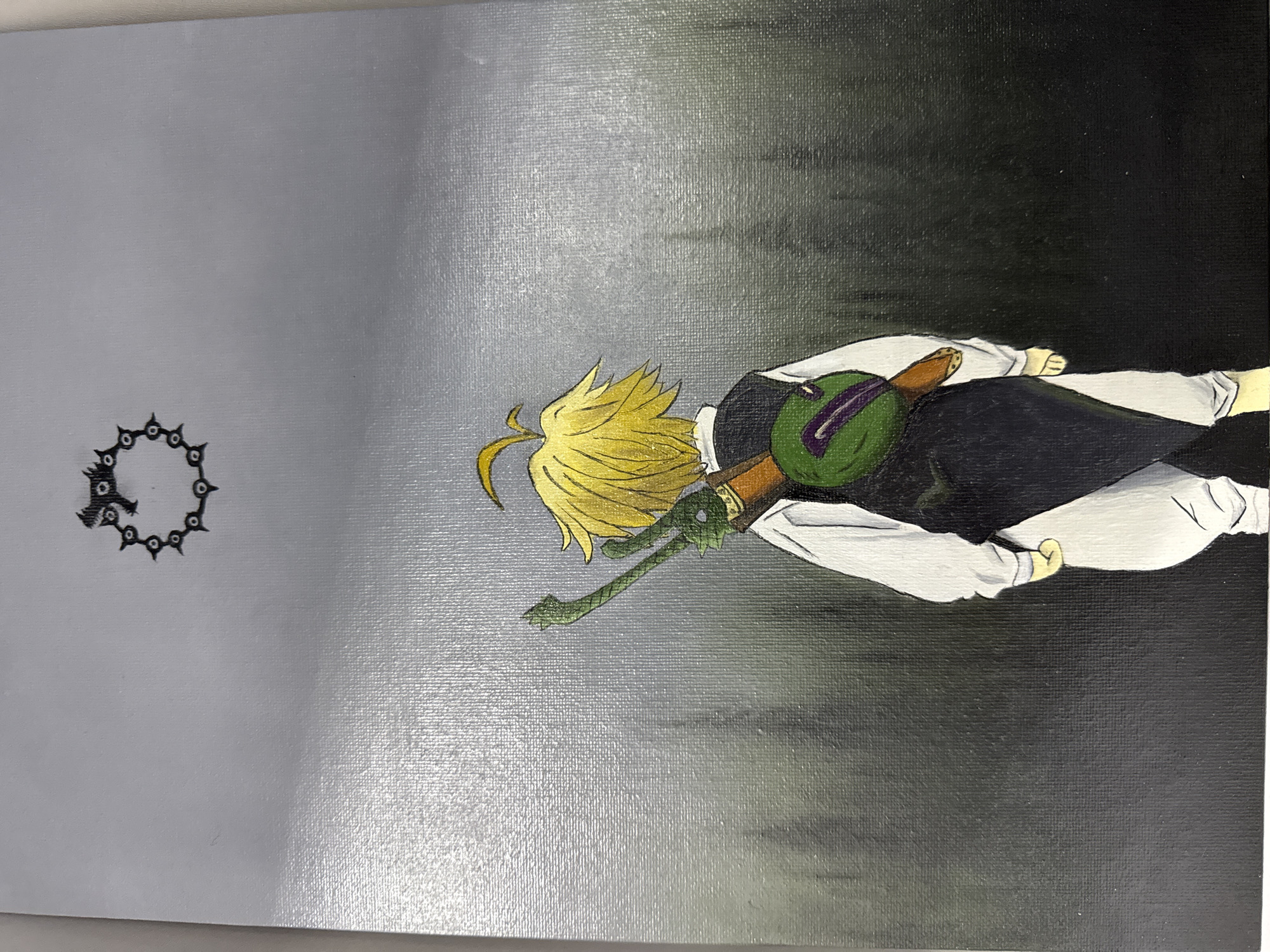 The image is a painting on canvas featuring the character Meliodas from the anime series "The Seven Deadly Sins." Meliodas is depicted from the torso up, facing left, holding the broken sword Dragon Handle. The background transitions from light gray on the left to black on the right. On the left side, there is an emblem resembling a dragon encircling a ring. There is no indication of the location being in Krasnoyarsk, Russia, or any urban setting.