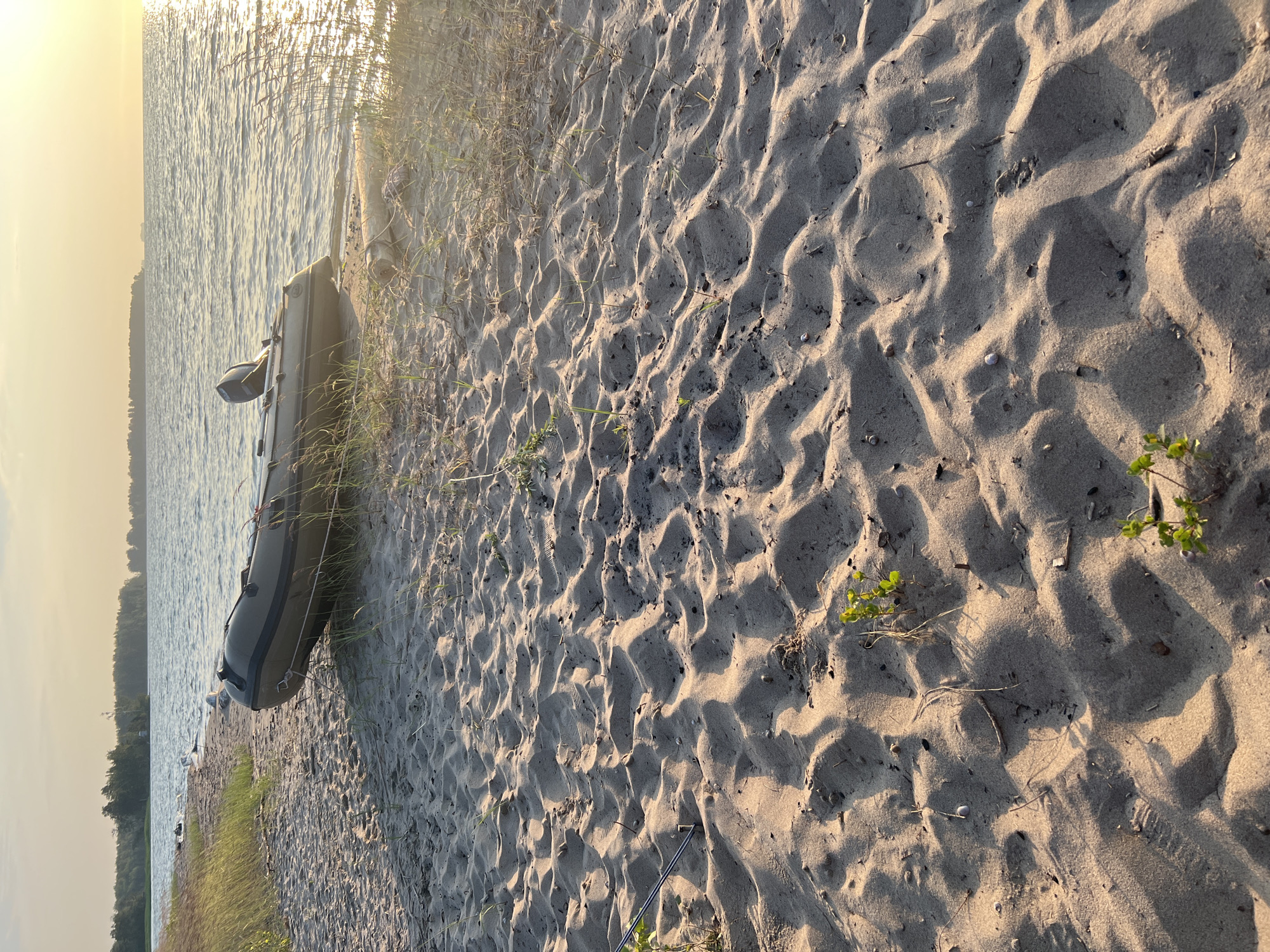 This is a medium-shot, eye-level photograph of an inflatable boat with an outboard motor resting on a sandy beach beside a body of water. The boat is dark green and positioned on the sand near the waterline. The water is calm and reflects the golden light of the setting sun. The beach is covered in sand with some sparse vegetation, including blades of grass and small green plants. In the background, a treeline borders the water, and the sky is a pale orange and yellow, indicative of sunset. The scene appears to be located in the city of Borovoye, Russia.