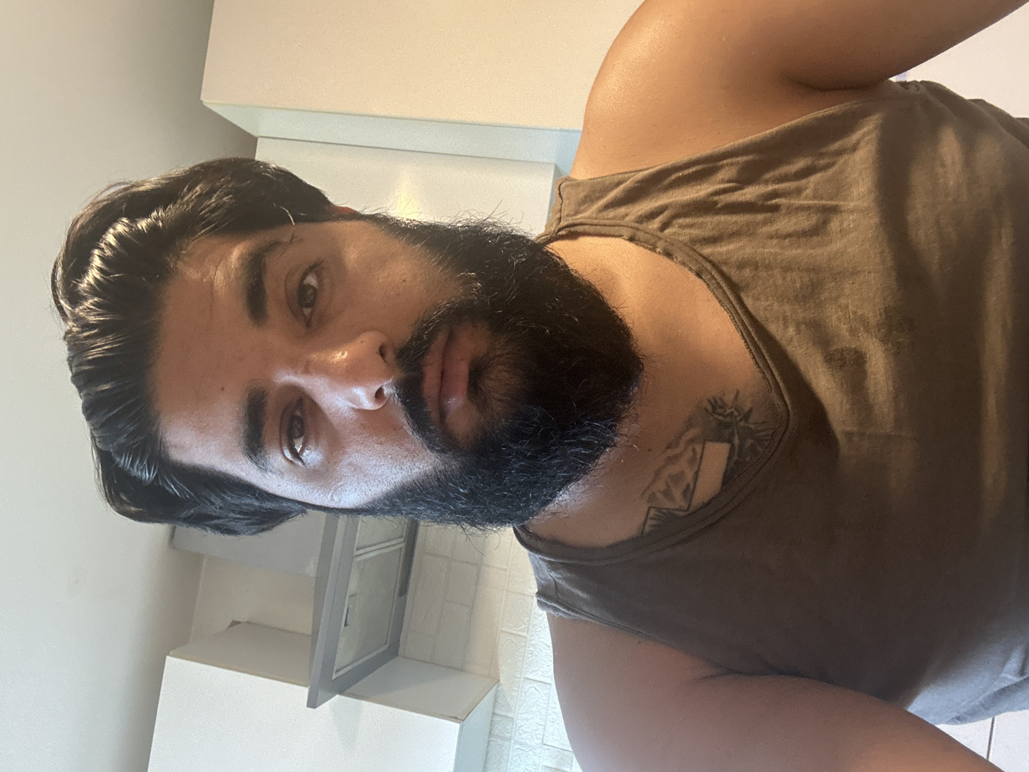 A selfie taken from a slightly low angle captures a man with dark hair and a full beard. He is wearing a dark brown tank top, revealing a tattoo on his chest. The background appears to be an indoor kitchen area with white cabinets and a stainless steel range hood visible. The lighting suggests it is daytime, with natural light entering the space. The man's gaze is directed towards the camera. The specific location in the city of Mainburg, Germany, is not determinable from the provided image.