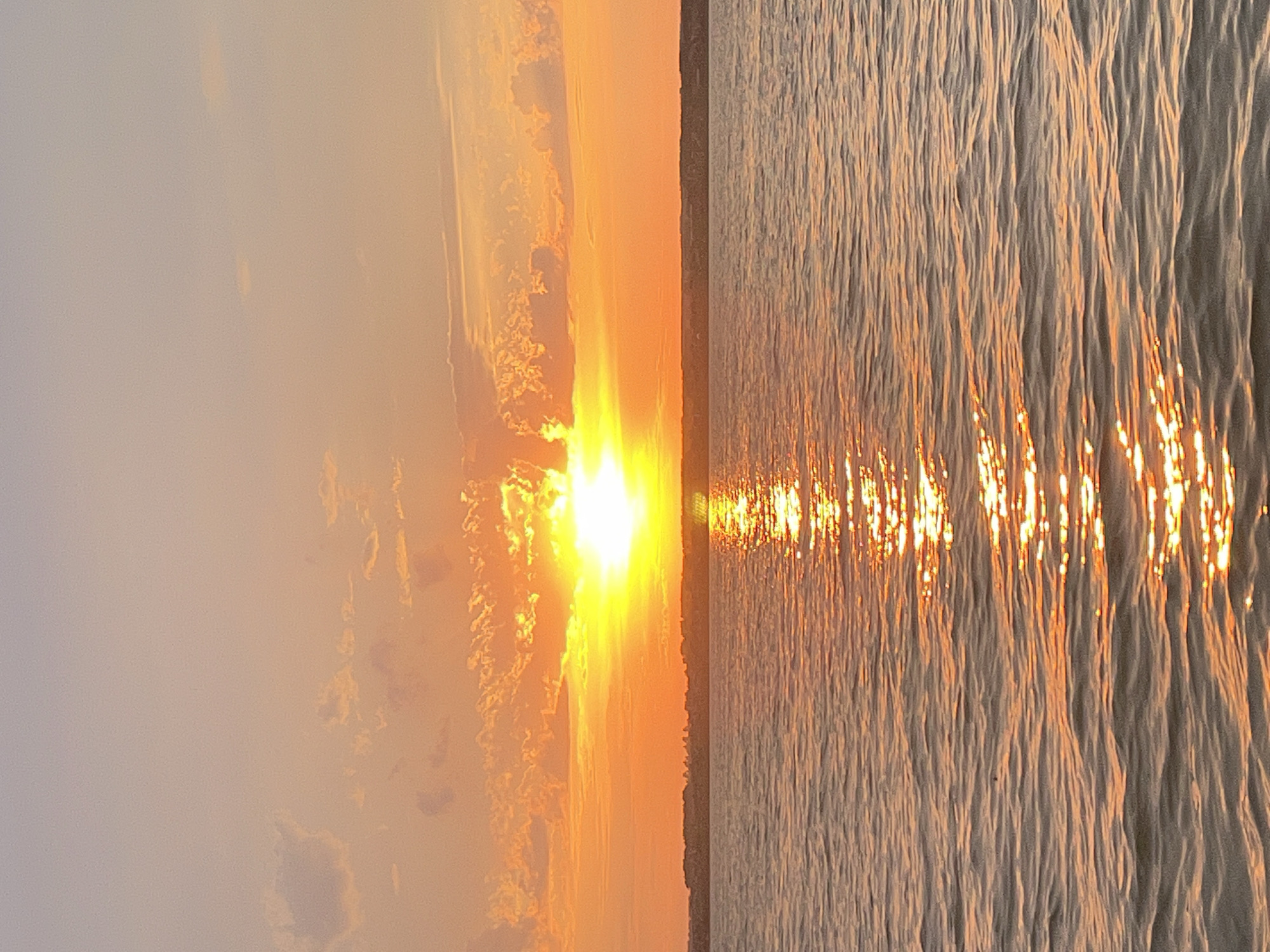The image depicts a sunset over a body of water. The sun is a bright, glowing orb, partially obscured by wispy clouds, casting a warm orange and yellow light across the sky. The water is calm, with gentle ripples reflecting the sunset's colors, creating a shimmering path of light. A distant shoreline, lined with what appears to be trees or low buildings, is visible as a dark silhouette against the horizon. The sky transitions from a pale pink at the top to a vibrant orange near the horizon. There are no people or specific landmarks that would indicate the location in Novopichugovo, Russia. The scene is natural and serene.