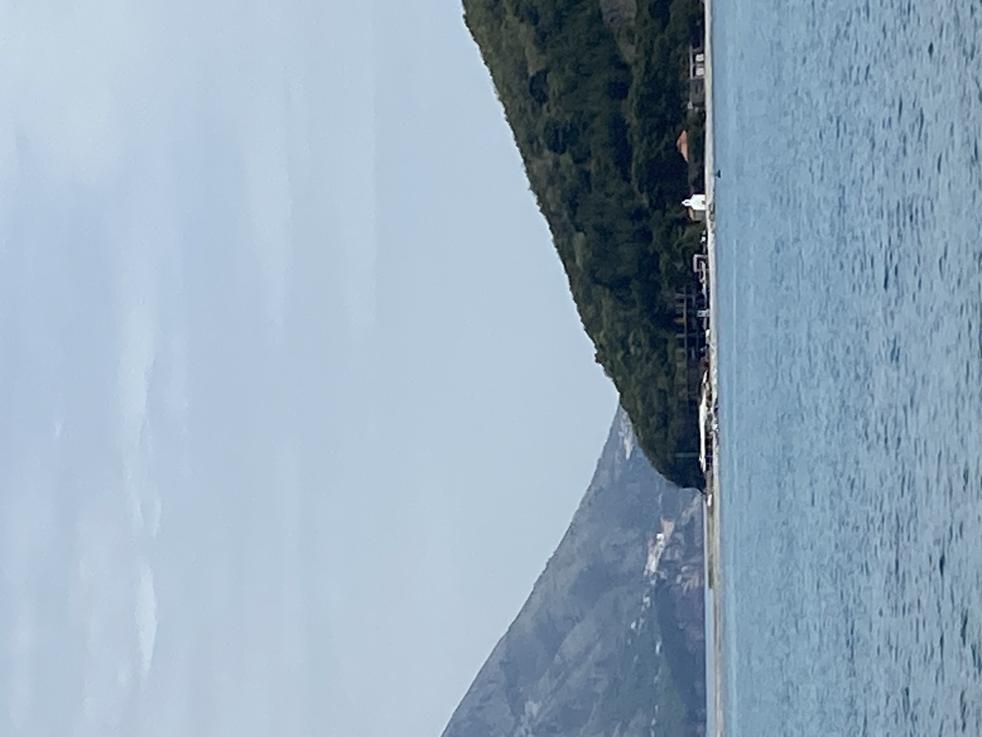 The image, when properly oriented, presents a serene coastal landscape. On the left, a light blue sky with subtle cloud formations occupies a large portion of the frame. The right side is dominated by calm, blue-green water with visible ripples on its surface, suggesting a gentle breeze.
Horizontally spanning the middle of the image is a long, heavily forested mountain or hill, its dense green foliage contrasting with the lighter sky and water. Along the base of this mountain, where it meets the water, several small structures are visible, including a prominent white building. Further in the background, a lower, hazy mountain range can be seen.
The scene captures a peaceful daytime view, likely late morning or early afternoon, given the soft, bright lighting and lack of harsh shadows. There is no specific activity taking place, but the presence of buildings suggests human habitation along this picturesque coast. The overall impression is one of natural beauty and tranquility, characteristic of a scenic seaside location.
Given the context, this image depicts a coastal area near Budva, Montenegro, known for its mountainous terrain meeting the Adriatic Sea. There is no visible text in the image.