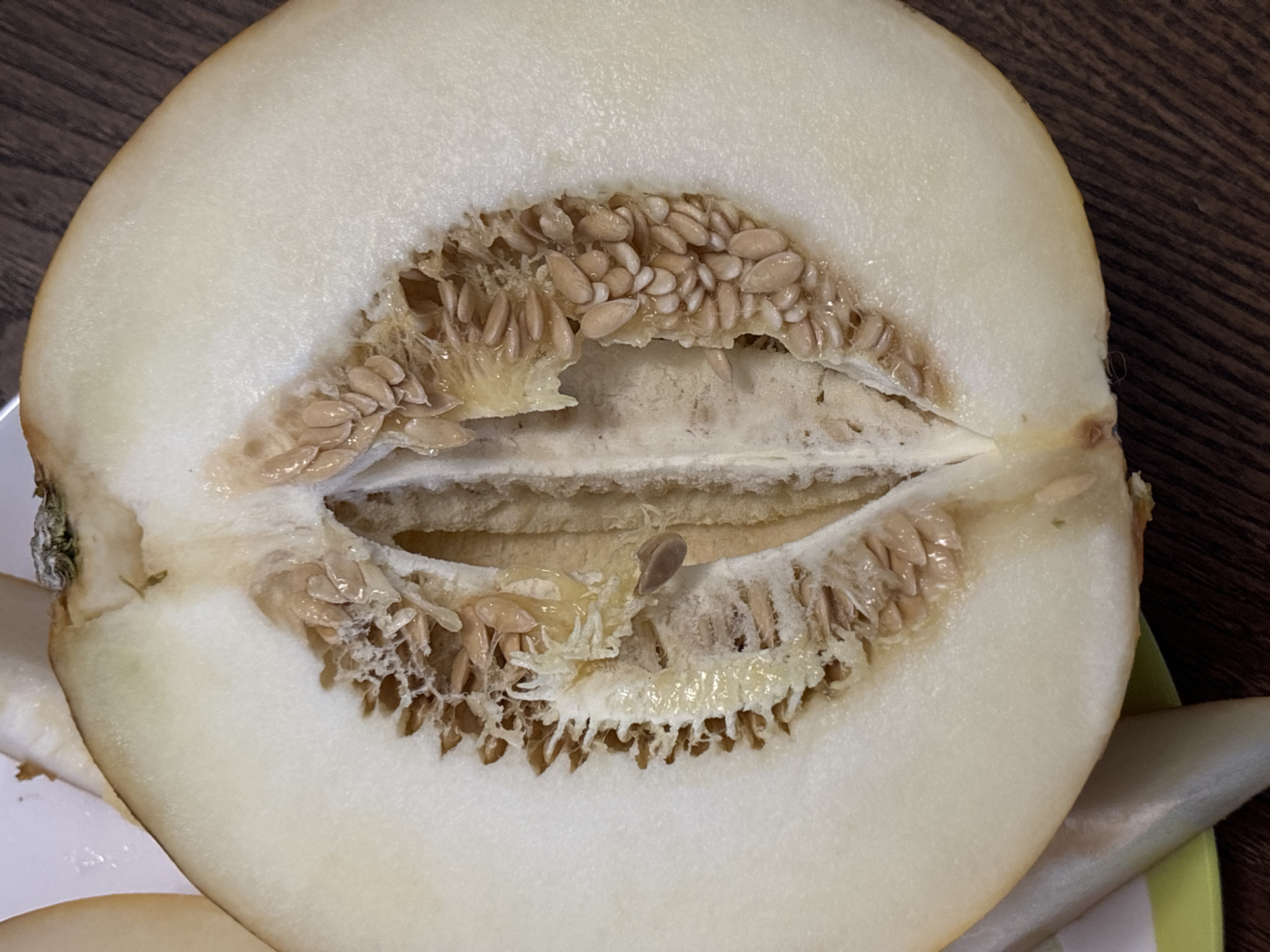 A cross-section of a ripe honeydew melon is presented on a dark wooden surface, likely a table. The melon, cut in half, reveals its pale green, juicy flesh and a cavity filled with numerous oval, light brown seeds embedded in a stringy, translucent pulp. The rind of the melon is a creamy white with a slight yellow tinge. The image captures the natural details of the fruit's interior, including the texture of the flesh and the arrangement of the seeds. No people or specific city locations are identifiable in the image.