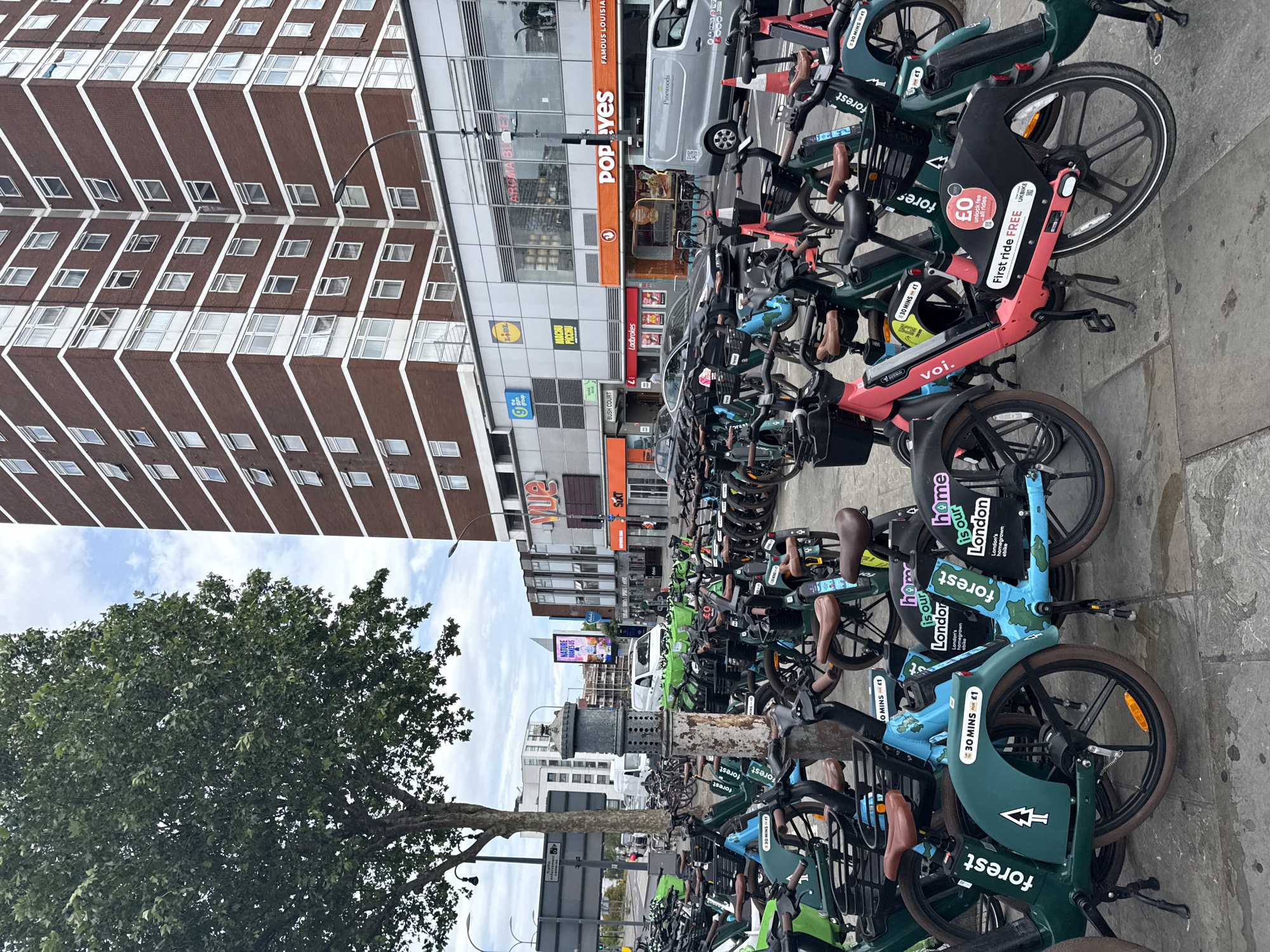 The image shows a street scene in London, United Kingdom. The foreground is dominated by rows of parked shared bicycles, mostly in green and blue colors, with brands such as "Forest" and "voi." Beyond the bicycles, the street contains a mix of commercial buildings, including a "Popeyes" restaurant, "Ladbrokes", "Lidl", and businesses with "sixt" and "yve" signs. A tall residential building is visible in the background. A large tree is present to the left of the commercial buildings. The day appears to be overcast or cloudy. Some vehicles are parked along the street as well.