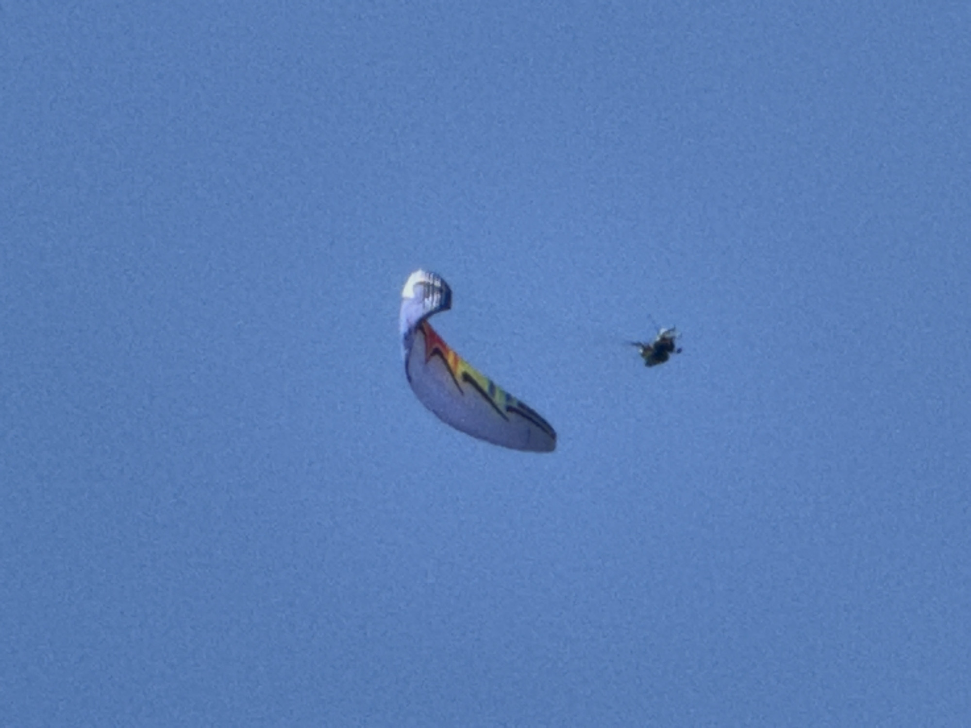 The image depicts a paraglider in mid-air against a clear blue sky. The paraglider's wing is multicolored, with shades of blue, yellow, and red. Below the wing, a person is suspended in a harness, appearing to be actively controlling the paraglider. The scene is set in the open sky, with no visible land features or indications of the city of Boreti, Montenegro. The image is a medium shot, capturing the paraglider and pilot from a distance.
