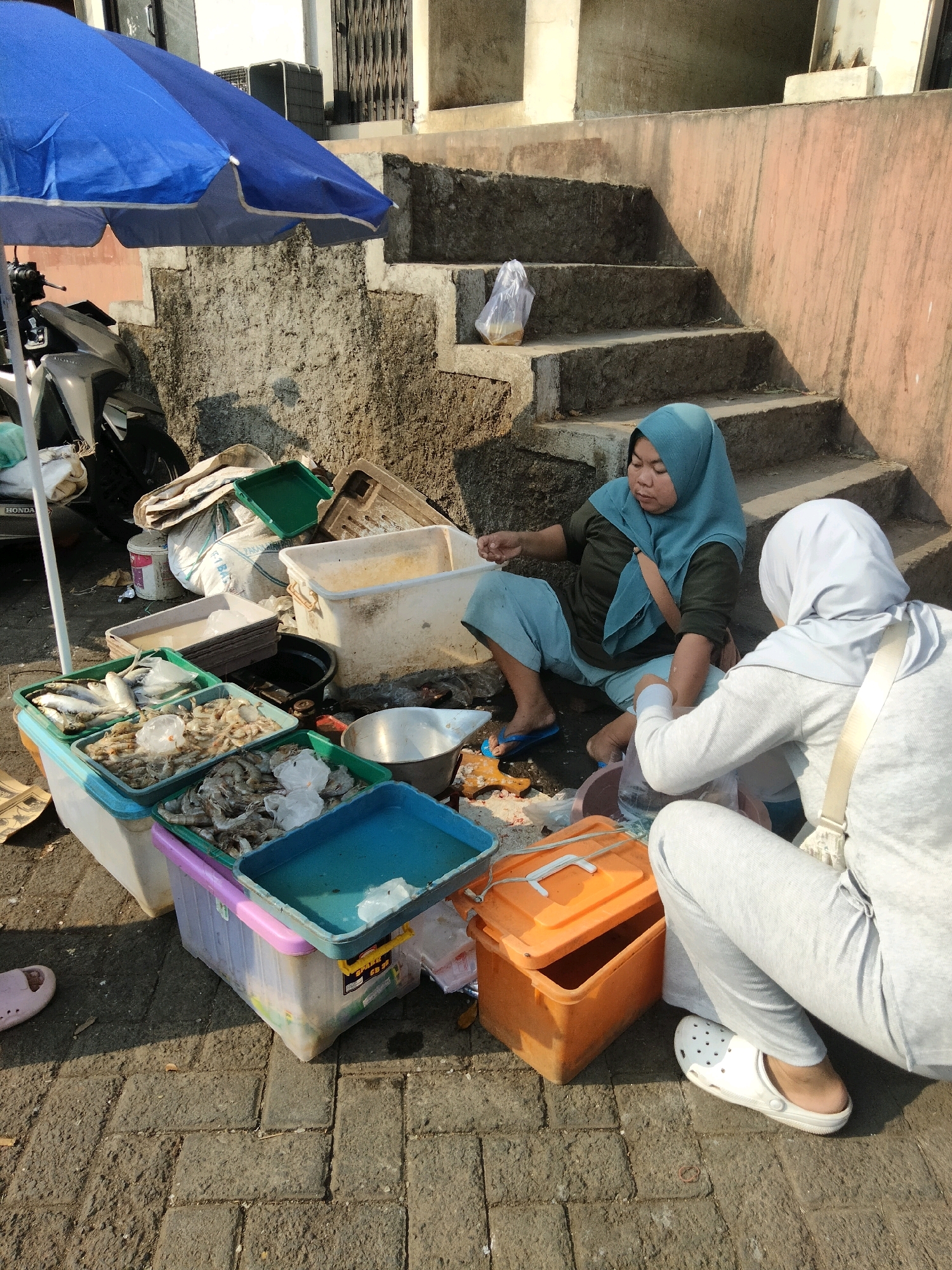 In Sawahan, Indonesia, a scene unfolds on a paved area adjacent to concrete stairs. Two women, both wearing hijabs, are engaged in an activity involving the display and sorting of fresh seafood. The woman on the left, seated and wearing a teal hijab and dark green shirt with light blue pants, is actively handling items in front of her. The woman on the right, also seated and wearing a light grey hijab and grey clothing, is facing away from the camera and appears to be engaged in packaging or sorting.
Various containers are spread around them, holding an assortment of fish and shrimp. These containers are of different sizes and colors, including green, blue, and clear plastic. Some are stacked, while others are placed on the ground. Among the seafood, plastic bags are visible, suggesting preparation for sale or transport.
In the background, a blue umbrella provides shade over a motorcycle parked to the left. The stairs behind the women are made of concrete and show signs of wear. The overall environment suggests an outdoor market or a roadside stall, typical of a bustling urban setting in Indonesia. The lighting indicates it is daytime, with shadows cast by the objects and people. The ground is paved with rectangular stones, and there are some scattered leaves and debris.