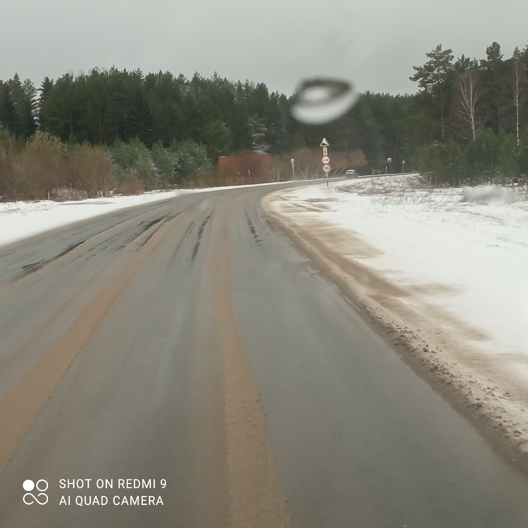 The image depicts a two-lane road in a snowy, wooded environment. The road curves slightly to the right. The road surface appears wet with patches of snow and dirt. A yellow line divides the lanes. A forest of mostly evergreen trees lines the left side of the road, while the right side is bordered by snow-covered ground. A speed limit sign (50 km/h) is visible further down the road. In the distance, a vehicle can be seen on the right side of the road.
The location is Прикамский, Russia.