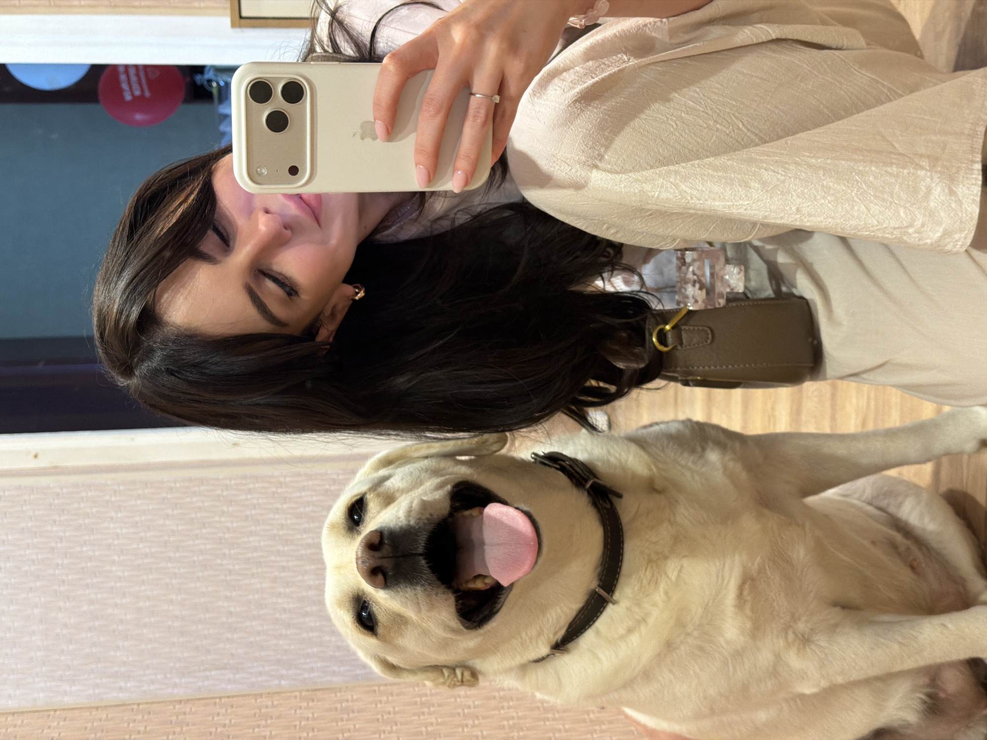 In an indoor setting, a woman with long, dark hair is taking a selfie with a light-colored Labrador dog. The woman is positioned on the right side of the frame, holding a smartphone in her right hand, and leaning towards the dog. She is wearing a light-colored top and pants, and her left ear is adorned with a small hoop earring. A delicate ring is visible on her left ring finger. The dog, on the left, is sitting and looking directly at the camera with its mouth open and tongue out, appearing happy. It has a dark collar around its neck. In the background, there are red and blue balloons, and the wall has a textured, light-colored paneling. A small brown purse with a gold clasp hangs from the woman's shoulder. The overall scene suggests a casual and affectionate moment between the woman and her pet.