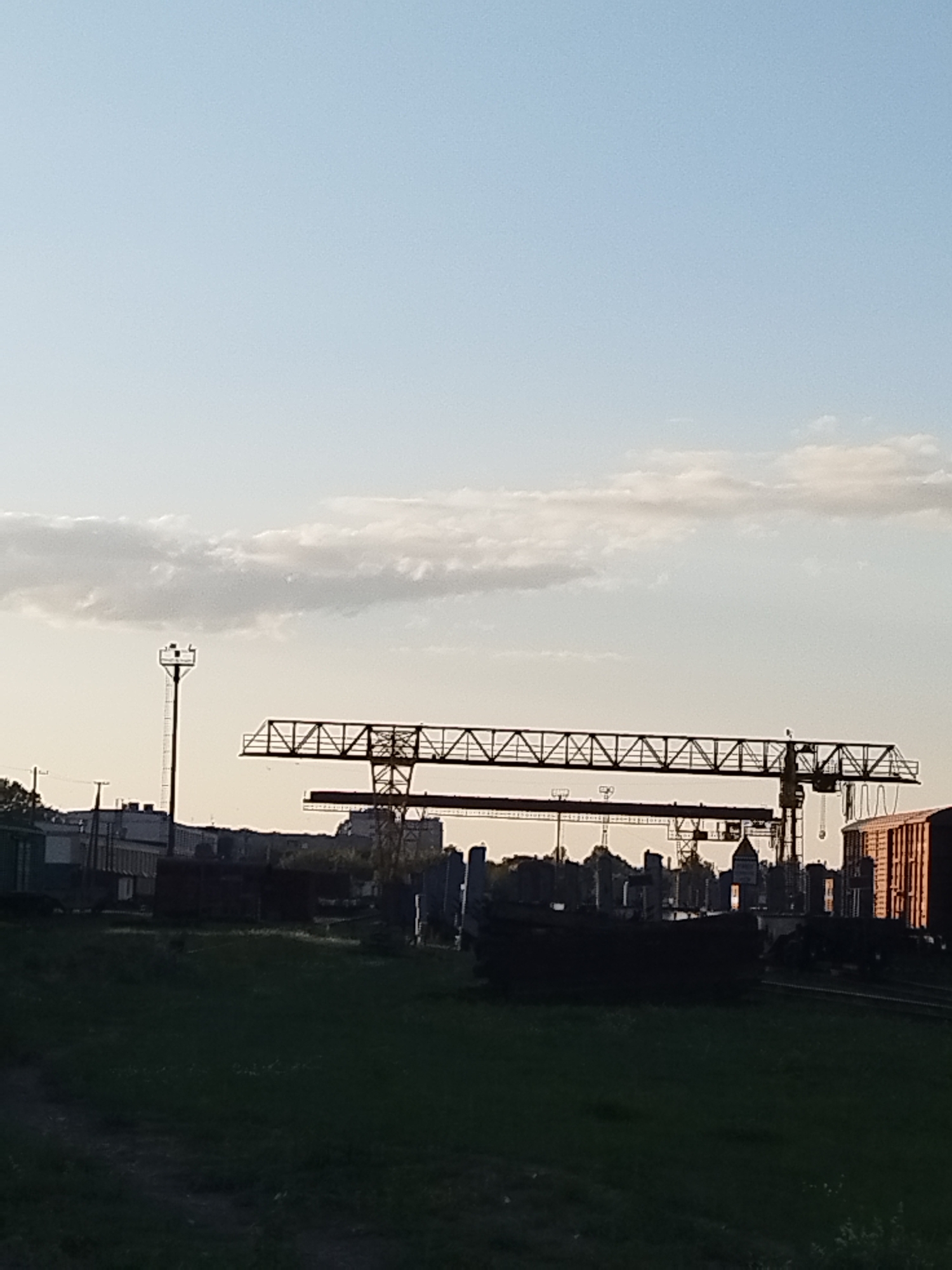 A wide-angle, vertical outdoor shot captures a twilight scene at what appears to be an industrial or rail yard area in Brest, Belarus. The sky is a pale blue fading to a lighter hue near the horizon, with a few wispy white clouds streaking across the upper half of the frame. A tall, slender tower with a light fixture at its apex stands to the left of the image. Dominating the middle ground is a large, overhead gantry crane, its intricate metal lattice structure clearly visible against the sky. Beneath the crane, the silhouette of industrial buildings and shipping containers is visible. In the foreground, a dark, grassy field stretches across the bottom of the image, suggesting a park or undeveloped land adjacent to the industrial zone. The overall atmosphere is one of a quiet, post-work industrial landscape under a fading sky.