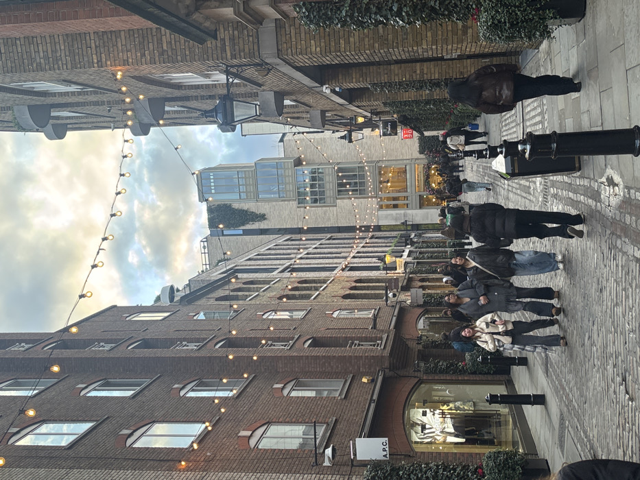 A cobblestone street is lined by brick buildings with various windows. Festive lights strung overhead illuminate a crowd of pedestrians walking along the street. There's a modern structure rising in the background, with ivy growing on its exterior. A sign reading "A.P.C." is visible on a storefront. The sky above is cloudy.