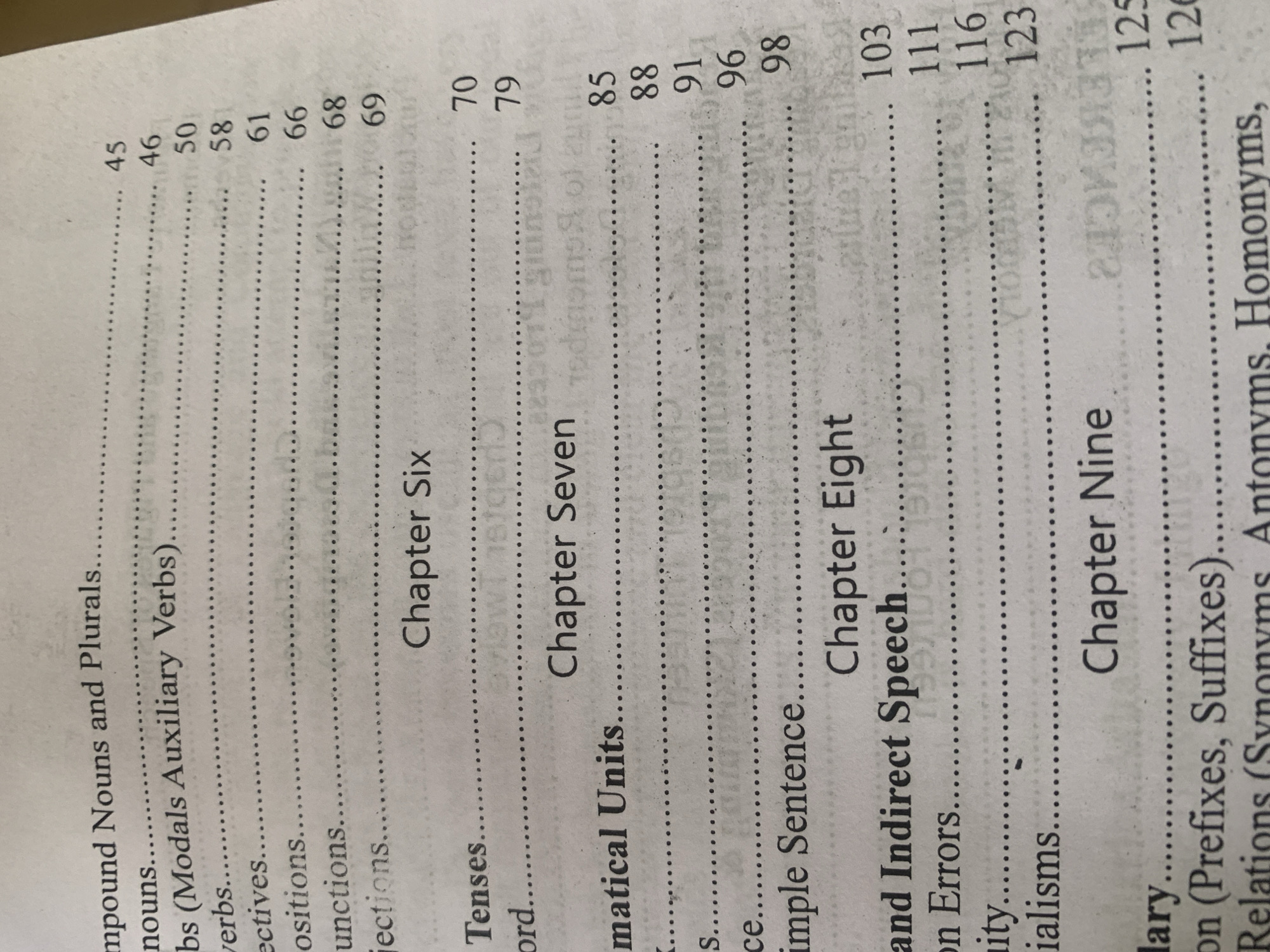 The image is a close-up of a page from a book, likely a table of contents or index, showing chapter titles and page numbers. The text is in English and lists topics such as "Compound Nouns and Plurals," "Verbs (Modals Auxiliary Verbs)," "Tenses," "Grammatical Units," "Simple Sentence," "Direct and Indirect Speech," and "Chapter Nine." Page numbers ranging from 45 to 126 are visible. The background appears to be a textured, off-white paper. There is no discernible location in Jauro Yinu, Nigeria, as the image is of a printed document.