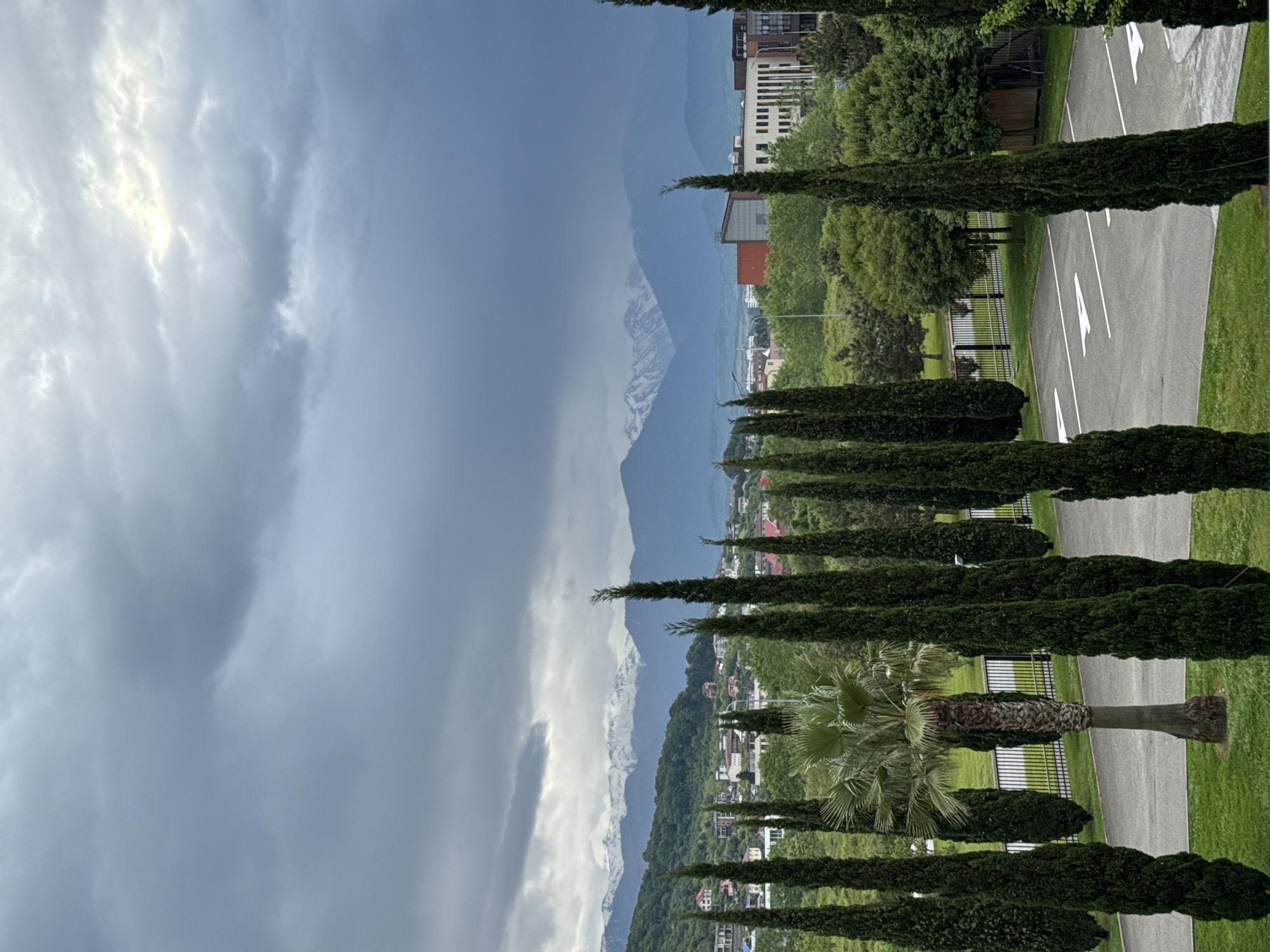 The image captures a view of the landscape near Sochi, Russia. A row of tall, slender cypress trees lines the right side of the frame, framing a partially visible parking lot with white painted parking spot markers and patches of green grass. Beyond the trees, there's a mix of dense green foliage and buildings, indicative of a residential or mixed-use area. In the distance, a mountain range rises, partially obscured by cloud cover. The sky is overcast and grey. The overall scene depicts a blend of urban elements with natural scenery.