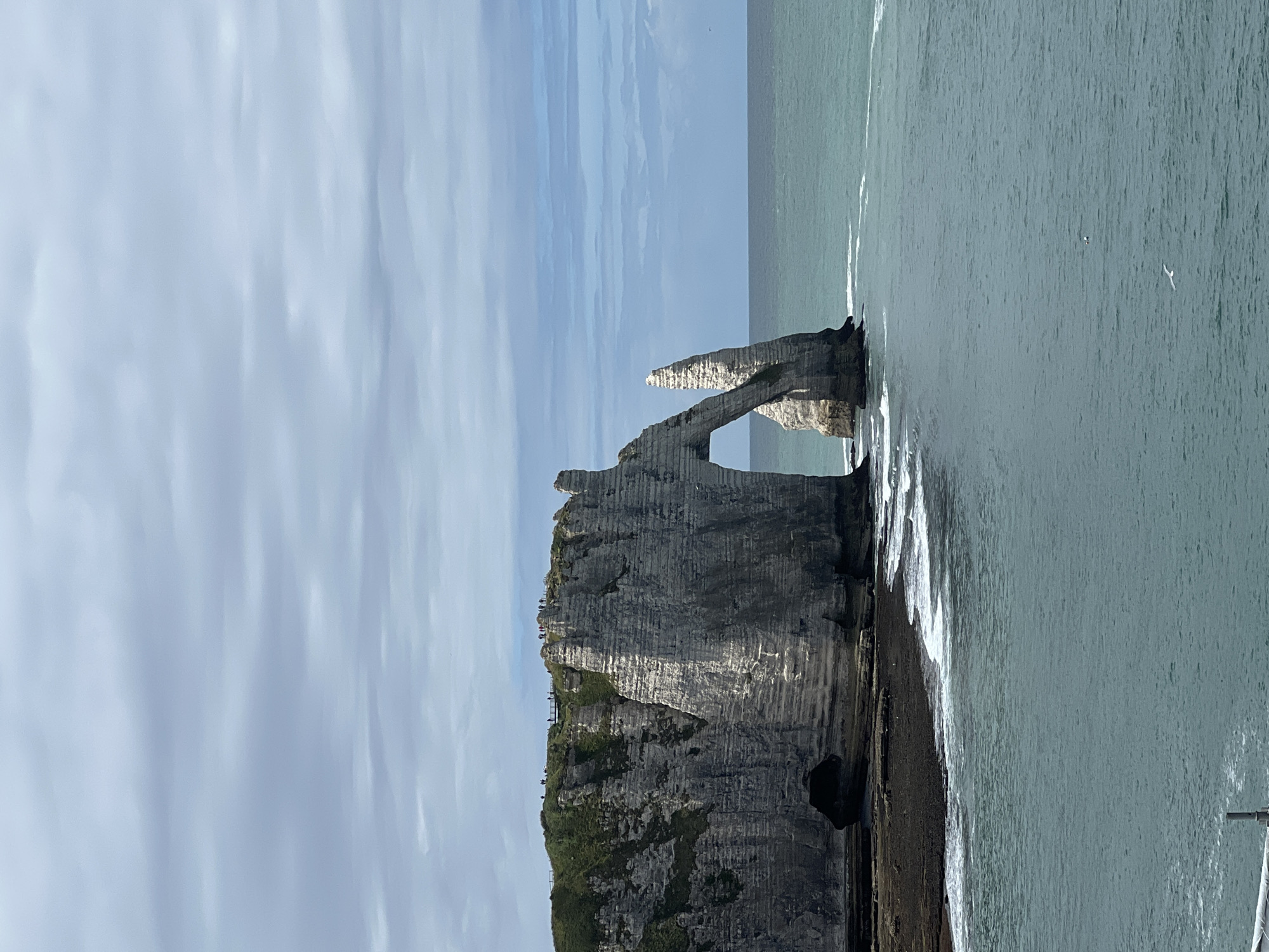 The image captures the iconic sea arch and needle rock formations at Étretat, France. The cliffs, composed of layered white chalk, rise dramatically from the sea. A prominent arch is visible on the left, with a smaller, pointed rock formation, known as the Aiguille d'Aval (Aval Needle), standing to its right. The base of the cliffs features a dark, rocky shore with small waves lapping against it. The sea is a murky green, with white surf indicating the movement of the tide. Above the cliffs, a grassy plateau is dotted with a few indistinct figures of people, suggesting a viewing area. The sky is overcast with soft, horizontal clouds. The scene is a natural coastal landscape, characteristic of the Alabaster Coast in Normandy.