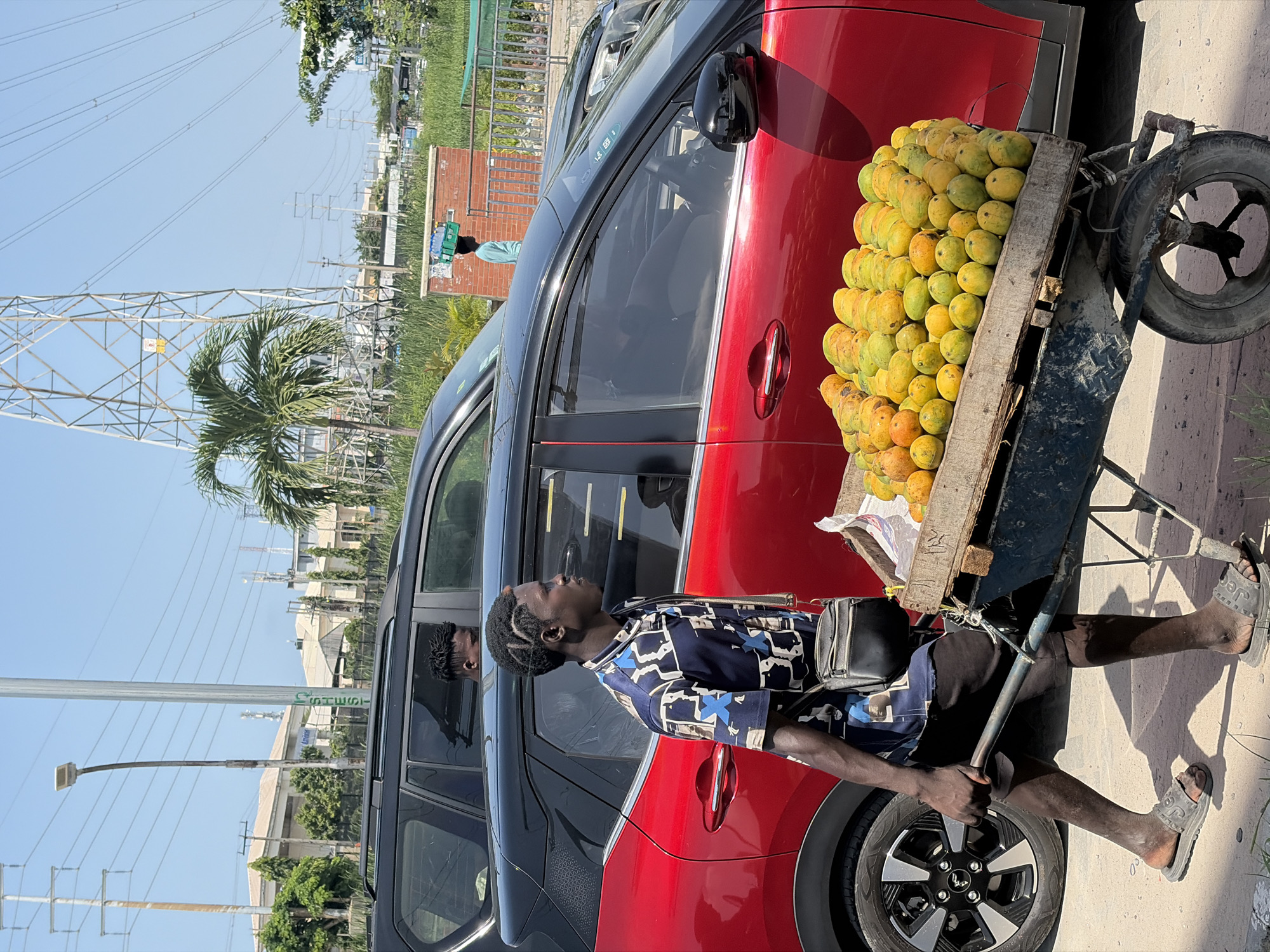 This image captures a man pushing a wooden cart heavily laden with yellow and green mangoes, engaged in street vending. He walks alongside a bright red SUV, with a dark-colored SUV partially visible behind it. The man wears a blue and white patterned short-sleeved shirt, shorts, and sandals, and has dreadlocks. He carries a small black bag over his shoulder.
The scene is brightly illuminated by strong sunlight, casting distinct shadows, indicating midday or early afternoon under a clear blue sky. In the background, prominent electricity pylons and numerous power lines span the sky, with a palm tree to the left and distant buildings visible. Another person, carrying something on their head, is partially seen near a brick wall. A green sign on a pole clearly displays the text "SSTESL". The rustic pushcart, filled with mangoes, contrasts with the modern vehicles, illustrating a common scene of informal commerce in what appears to be a roadside setting in Alaguntan, Nigeria.