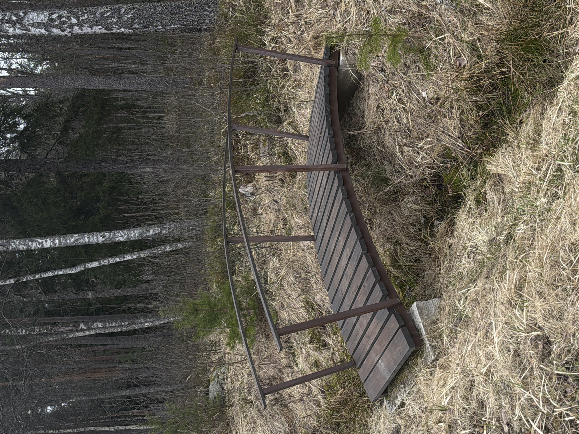 A wooden footbridge spans a ditch in a natural setting. The bridge has a dark wooden plank surface with a metal frame and supports. The ditch is surrounded by dry, light-brown grass. A forest with bare trees and some birch trees is visible in the background. The specific location in the city of Glubokoe, Russia, cannot be definitively determined from this image alone.