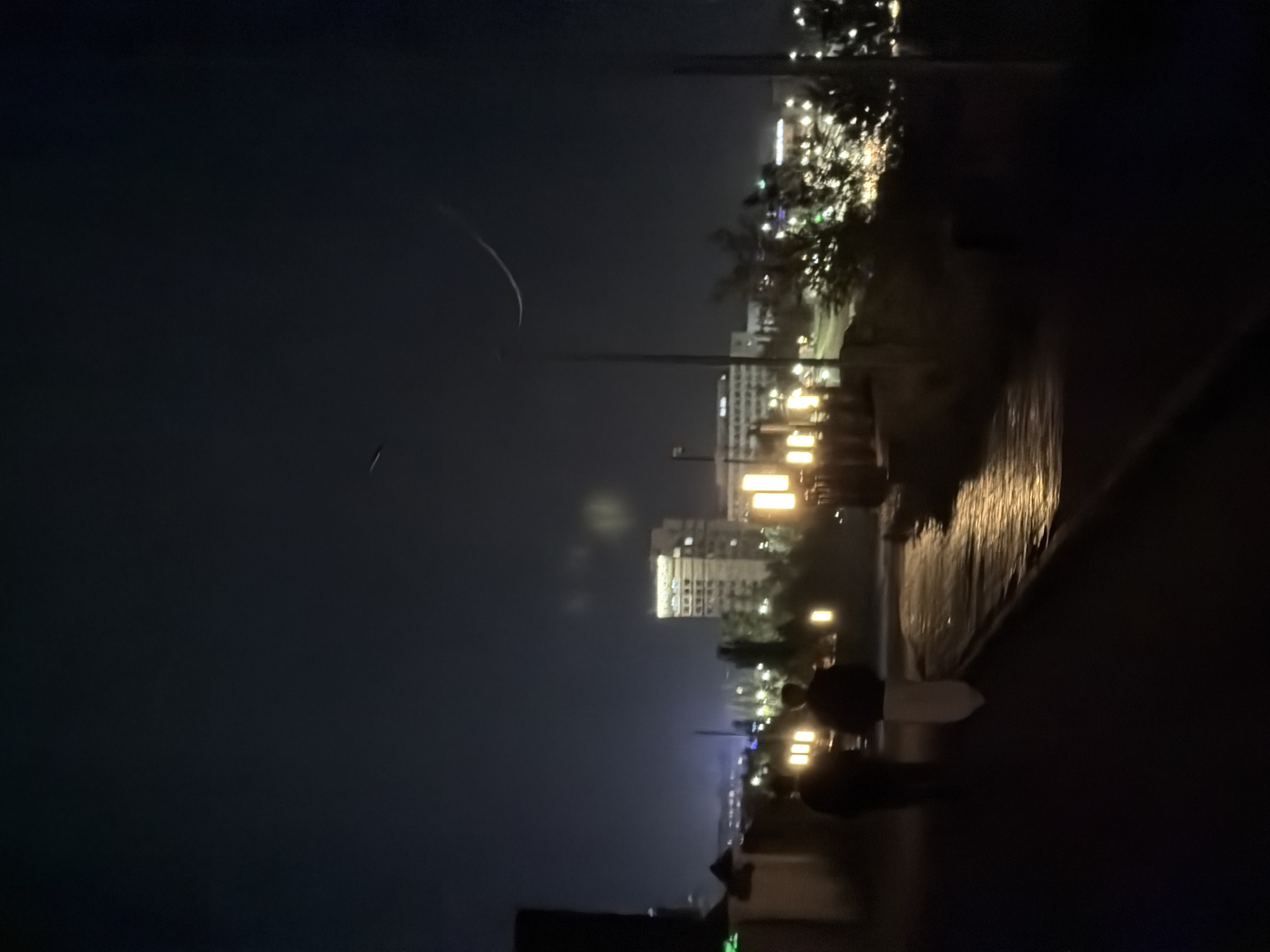 The image depicts a nighttime view of a cityscape, likely in Pavlodar, Kazakhstan, as evidenced by the distinct architectural style of the illuminated buildings. Two individuals are walking away from the camera down a dimly lit pathway, suggesting a leisurely stroll or commute. The pathway is lined with lampposts, casting a warm glow on the wet or reflective surface, which could indicate recent rain or a water feature. In the background, several buildings are visible, with one prominent high-rise structure illuminated by interior lights. The sky is dark, with subtle light trails, possibly from aircraft or celestial phenomena, adding a dynamic element to the otherwise still scene. The overall atmosphere is tranquil, with the city lights creating a sense of urban activity against the night sky.