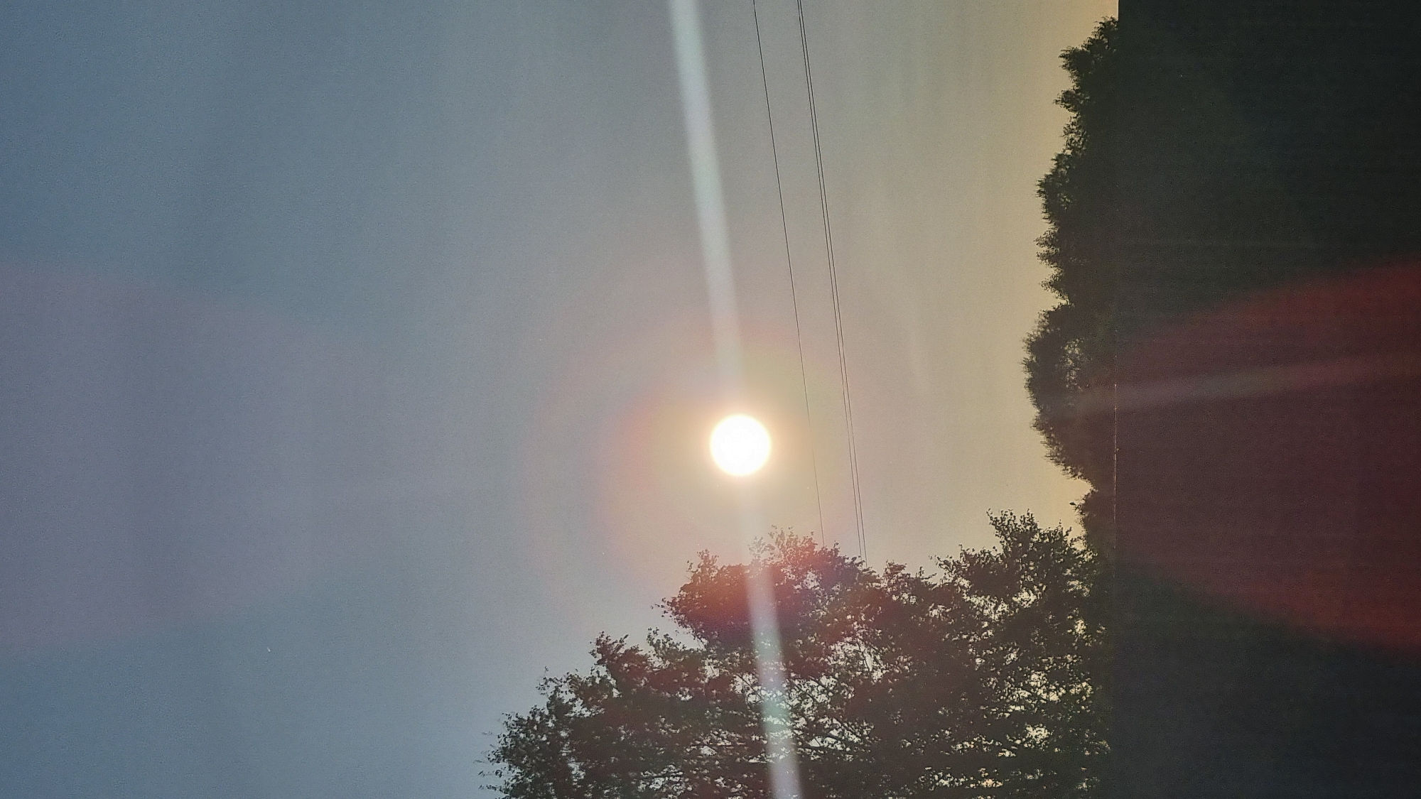 The image depicts a sunset scene in Vysokoe, Russia. The sun, a bright orb with visible lens flare, is positioned in the upper center of the frame. A tree with dark foliage is on the left side, partially obscuring the sun. Two thin, dark, horizontal lines, likely power lines, traverse the sky across the image. The background is a gradient of blue and yellow, indicating the sky during sunset. Below the sky, a silhouette of trees and a darker, possibly building structure, forms the horizon line. There are no people or animals visible in the image. The overall impression is a serene, natural landscape at dusk.