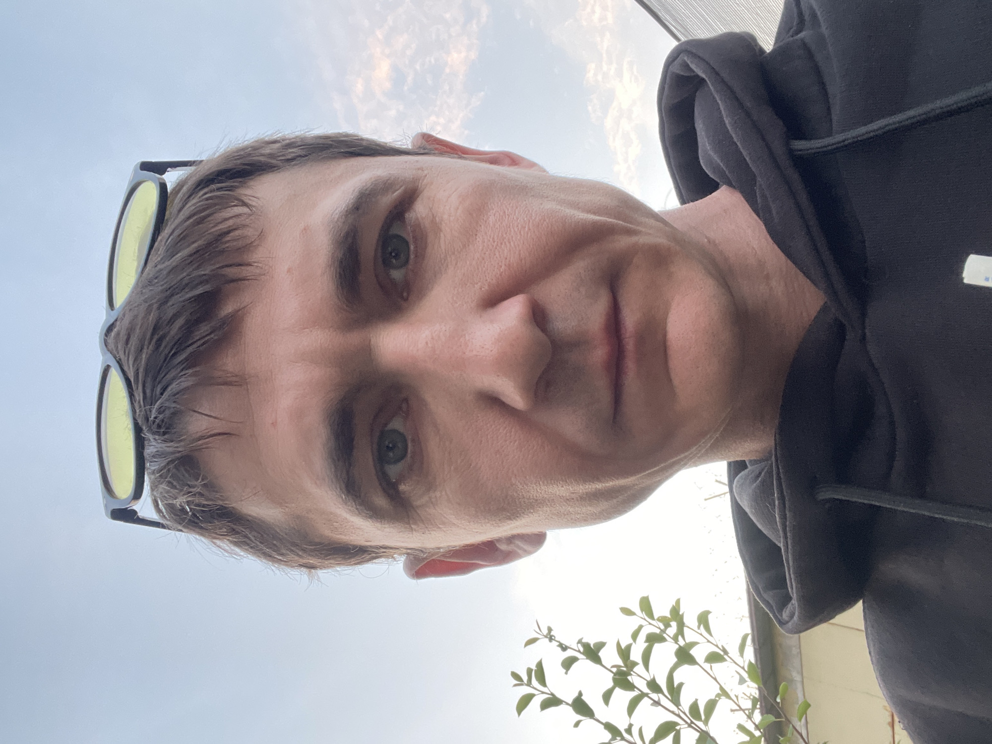 This is a selfie of a man wearing a black hoodie and yellow-tinted sunglasses. He is looking at the camera with a neutral expression. The man has short brown hair and fair skin. His face is the primary focus of the image. The background is an overcast sky with some clouds. To the lower right, a branch of green leaves is visible. The image is taken from a low angle, looking up at the man. The lighting suggests it is daytime, possibly late afternoon or early morning given the soft light. The man appears to be outdoors, with the sky and foliage indicating a natural or semi-natural setting. No text is visible in the image. The overall impression is casual and candid.