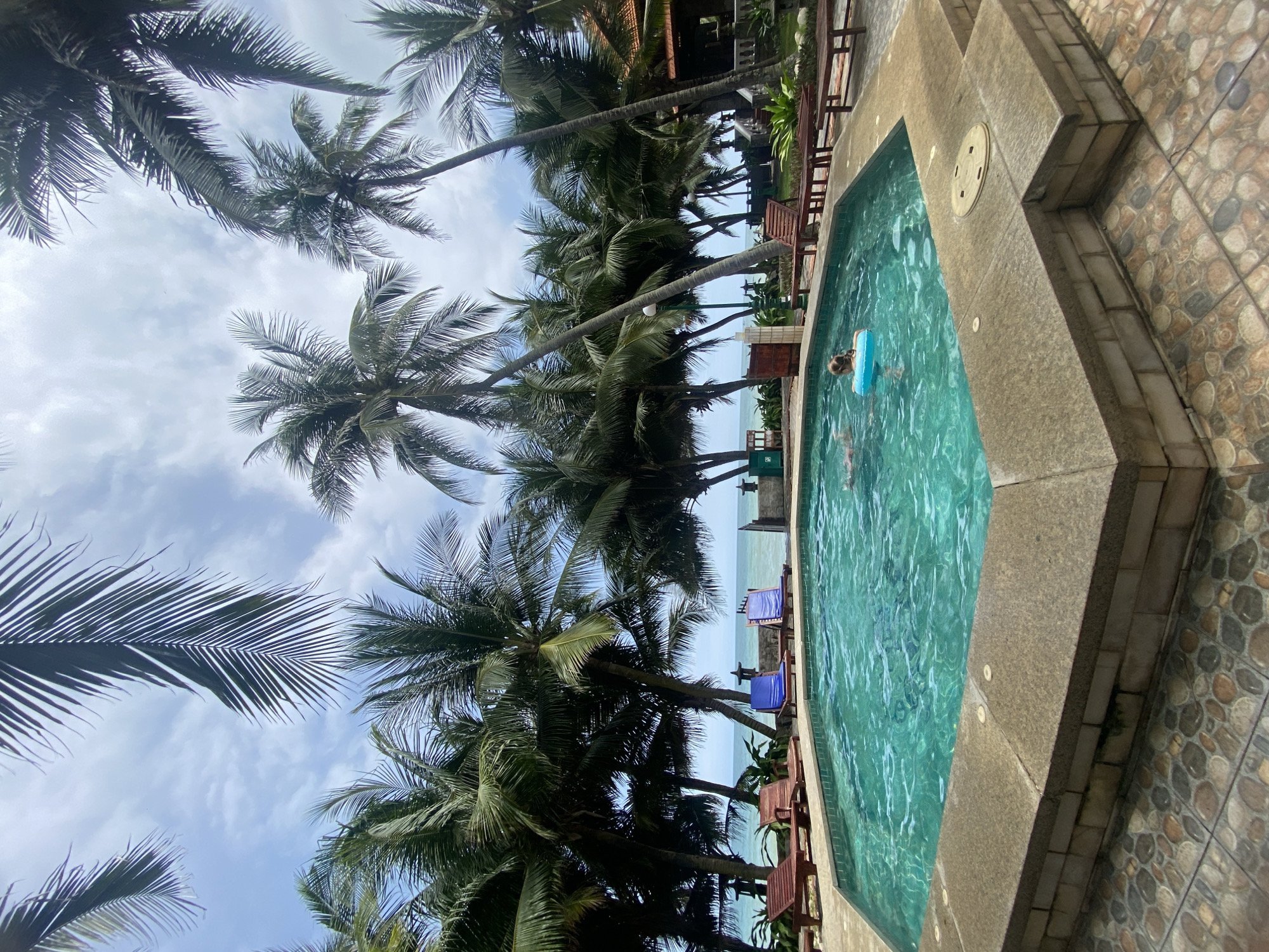 A high-angle, wide shot captures a swimming pool area at a resort in Mui Ne, Vietnam. The pool, filled with clear turquoise water, occupies the foreground, with its hexagonal shape clearly defined. A young person wearing a blue inflatable ring floats in the pool. Surrounding the pool are lounge chairs, some made of wood with red cushions, and others with blue cushions. Beyond the pool area, a row of palm trees dominates the midground, their fronds casting shadows and creating a tropical atmosphere. In the distance, the ocean stretches to the horizon under a partly cloudy sky. The resort architecture, with a tiled roof and wooden accents, is visible among the trees. The ground around the pool is paved with small, irregularly shaped tiles in earth tones.